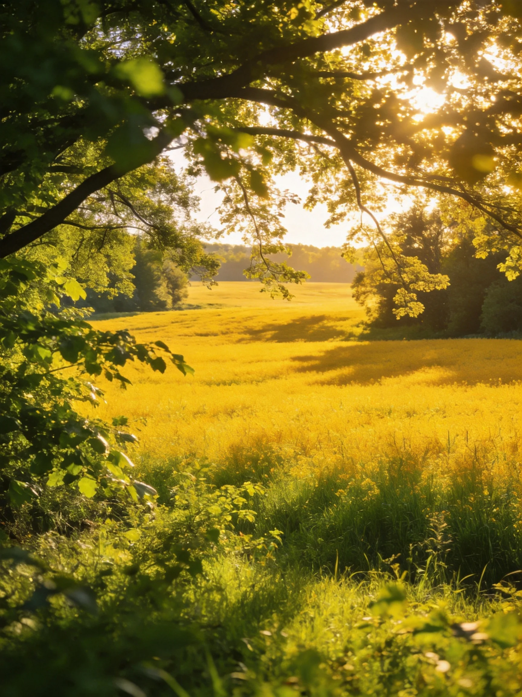 Sunlit golden meadow framed by lush green trees