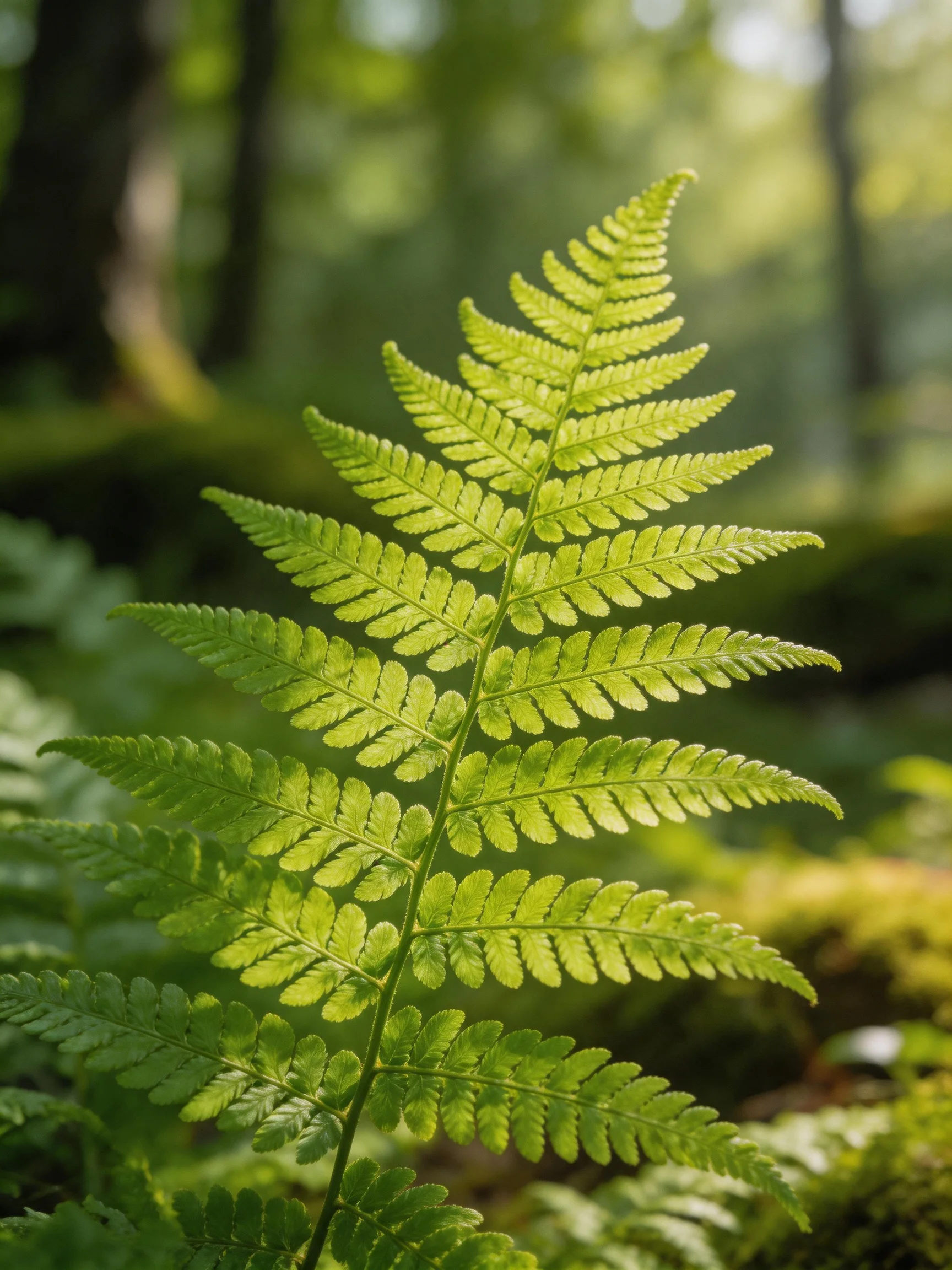 Sunlit green fern frond in lush forest surroundings