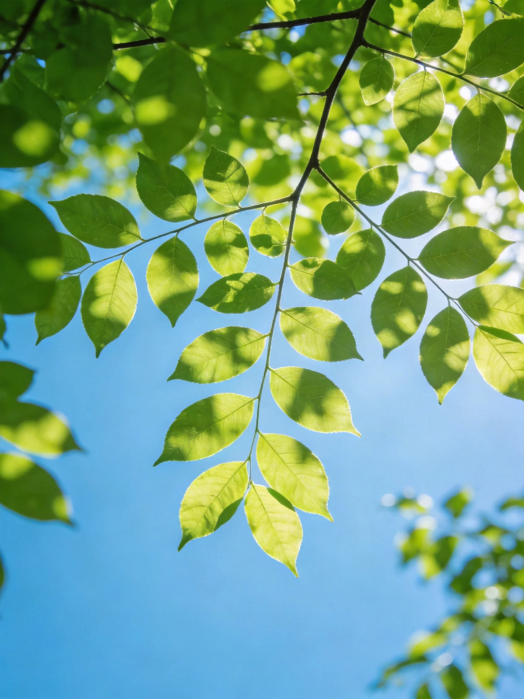 Sunlit green leaves against clear blue sky