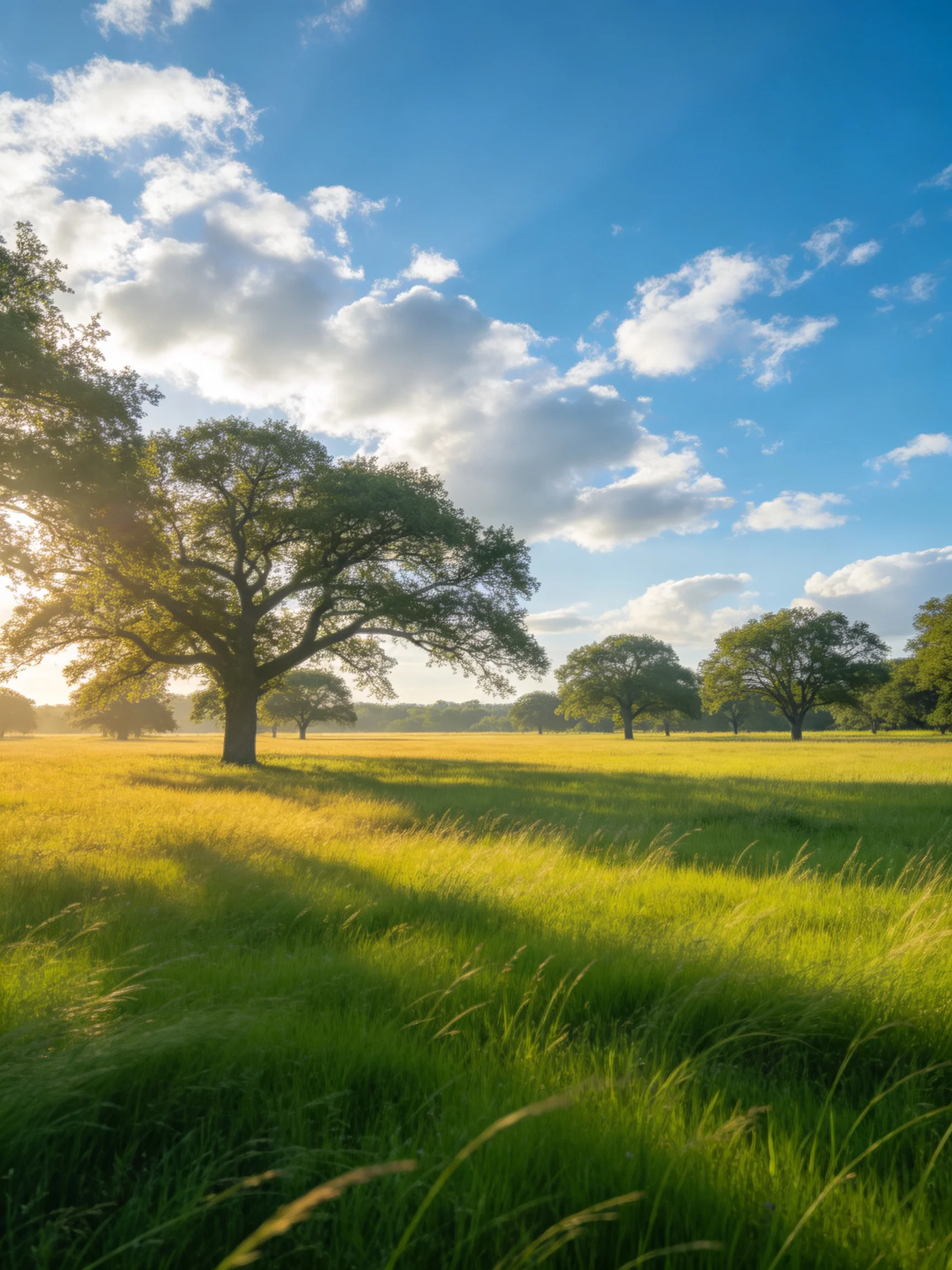 Sunlit meadow with large oak trees and lush green grass