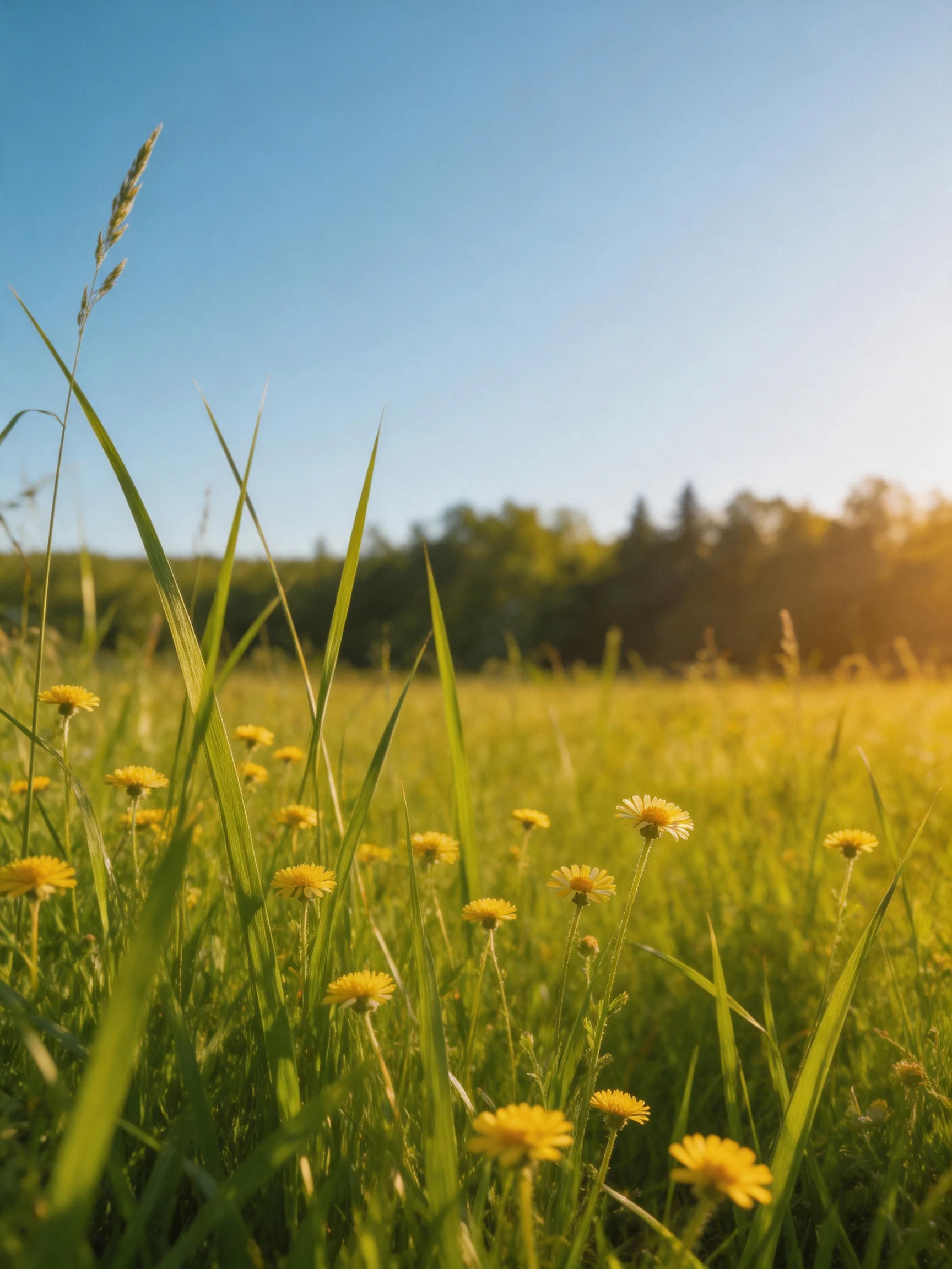 Sunlit meadow with tall green grass and scattered yellow wildflowers
