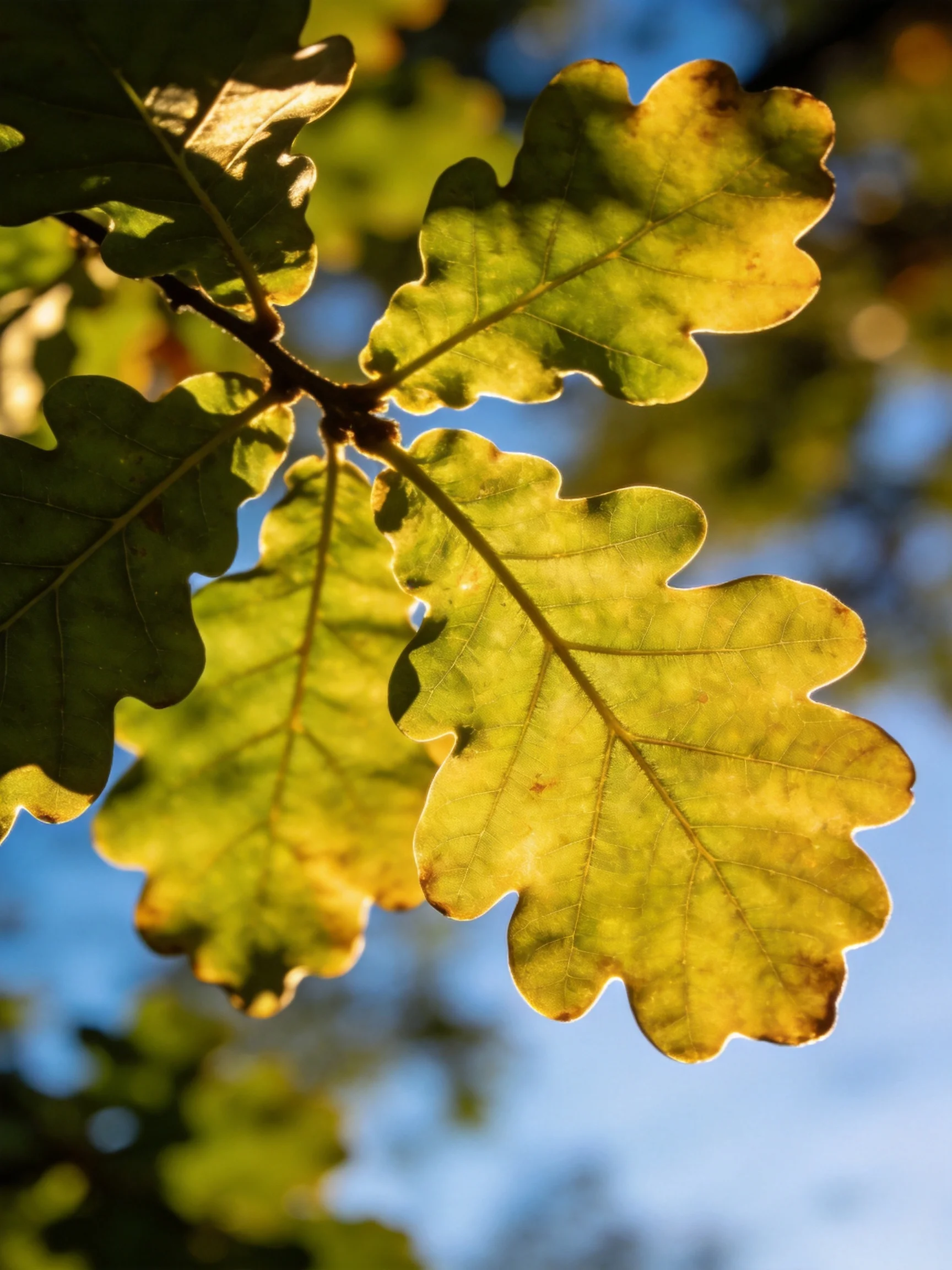 Sunlit oak leaves display vibrant green and golden hues