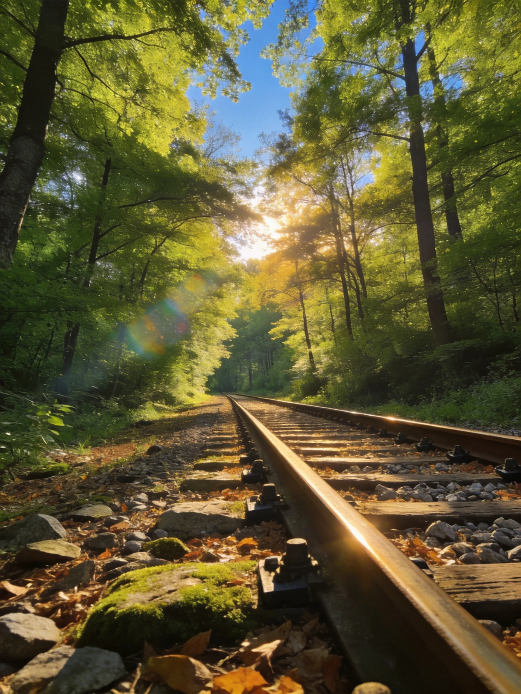 Sunlit railroad tracks wind through dense green forest