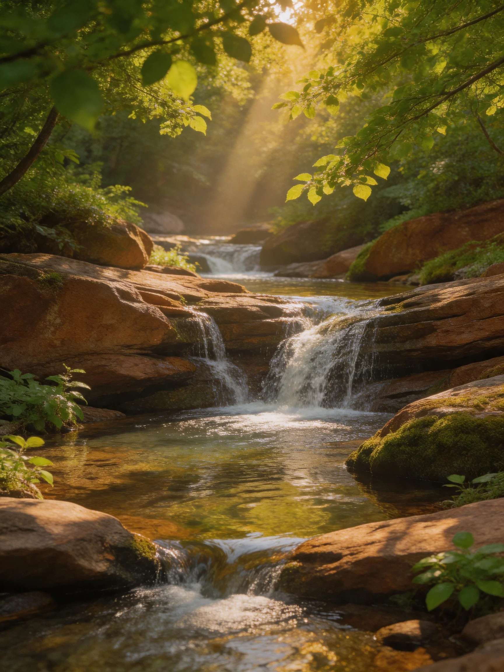 Sunlit stream flows over reddish-brown rocks amid lush green foliage