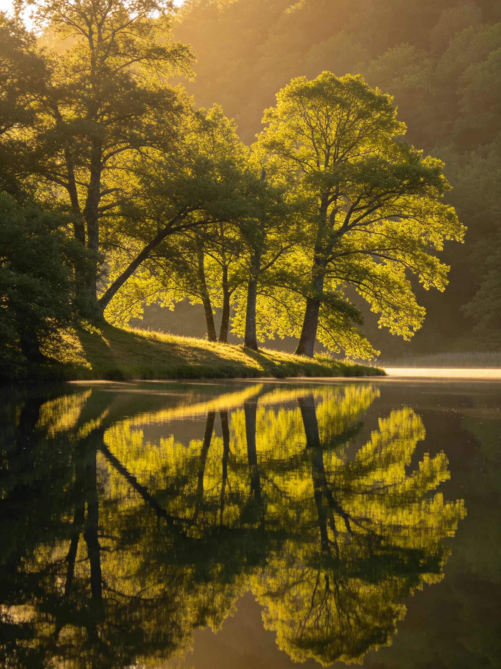 Sunlit trees with golden reflections on calm water