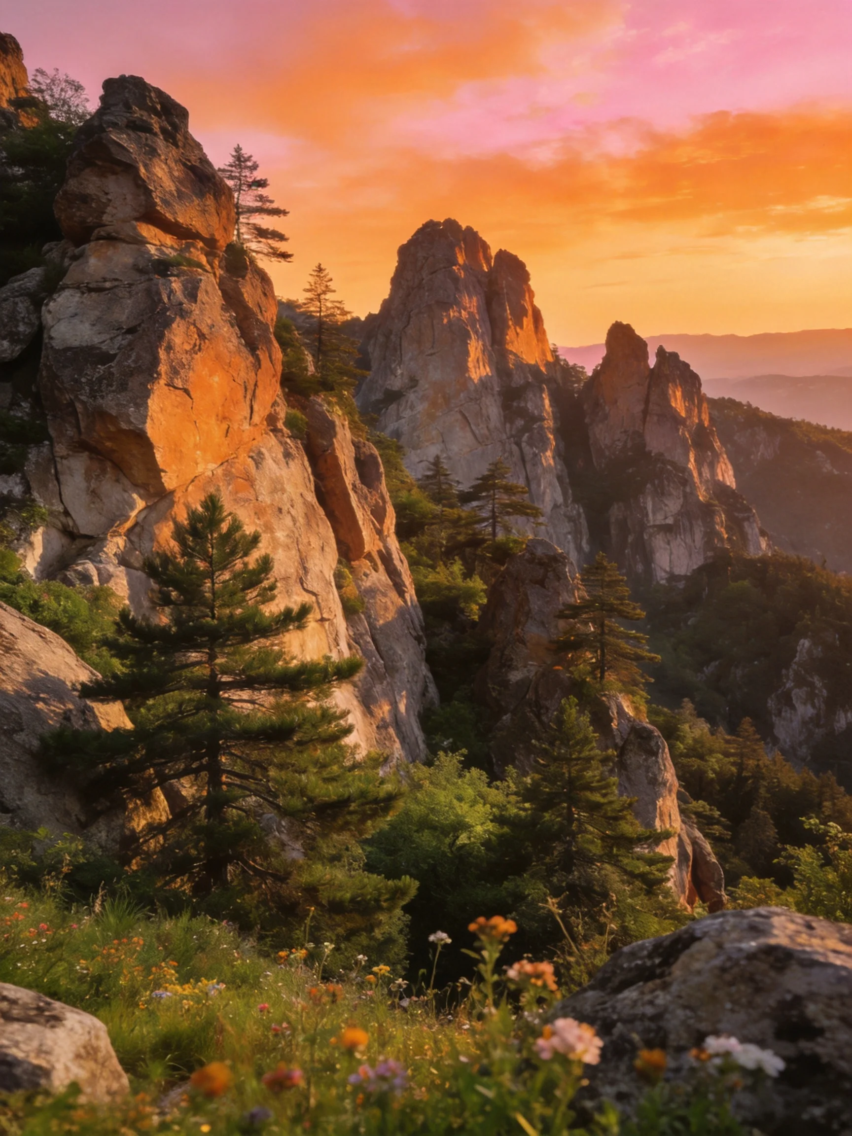 Sunset Illuminates Jagged Rock Cliffs with Lush Greenery and Wildflowers