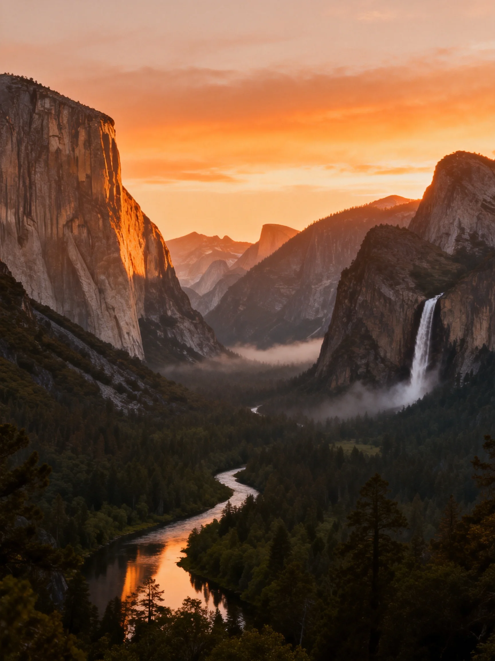 Sunset Illuminates Majestic Mountain Valley with Waterfall and River