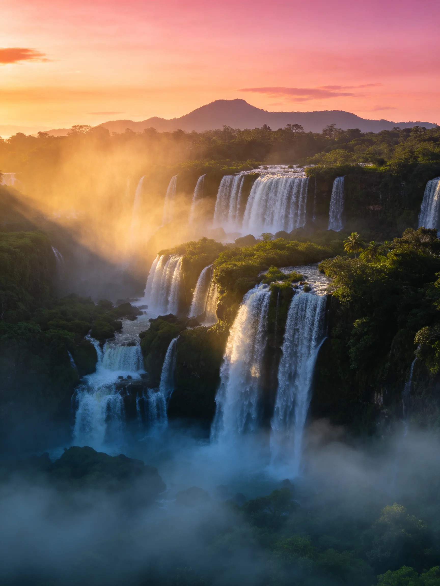Sunset Illuminates Multi-Tiered Waterfall with Misty Atmosphere