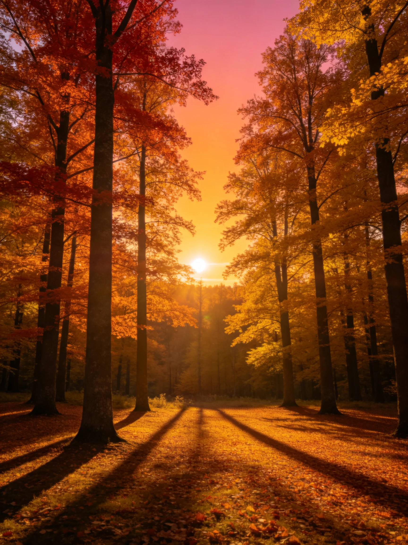 Sunset Illuminates a Dense Forest of Red and Golden Trees