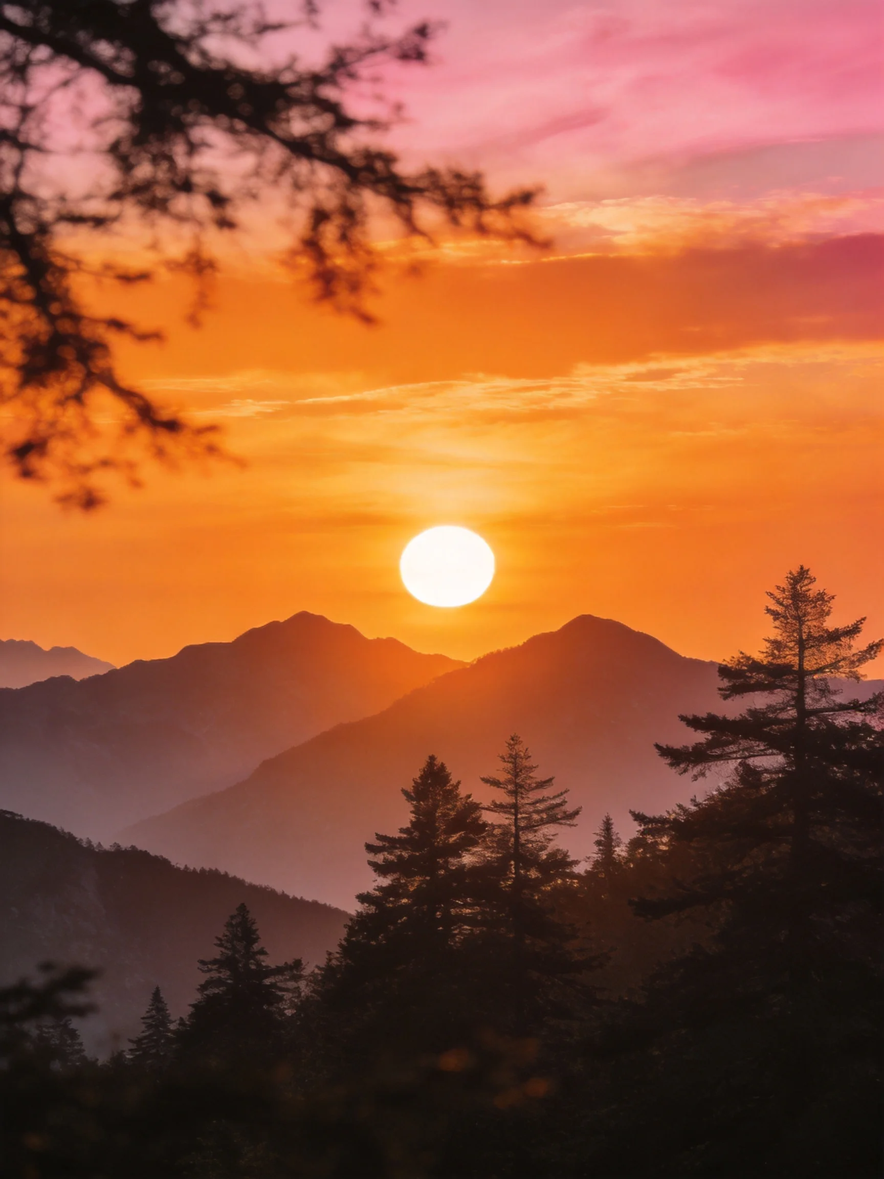 Sunset Over Mountain Peaks With Silhouetted Trees