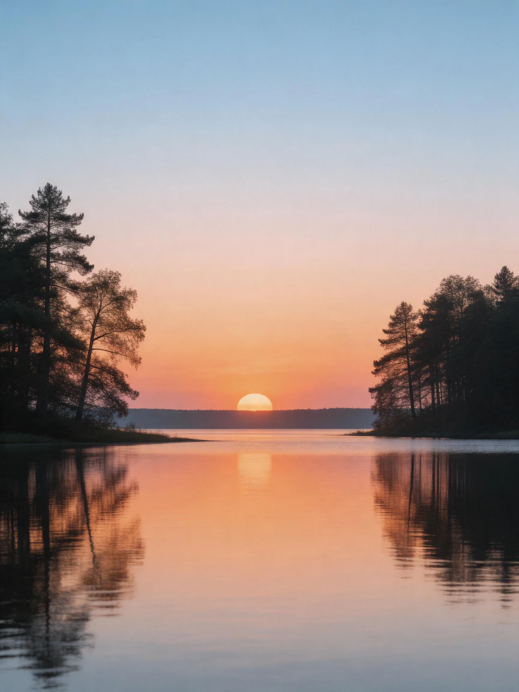 Sunset Reflects On Calm Lake With Tree Silhouettes