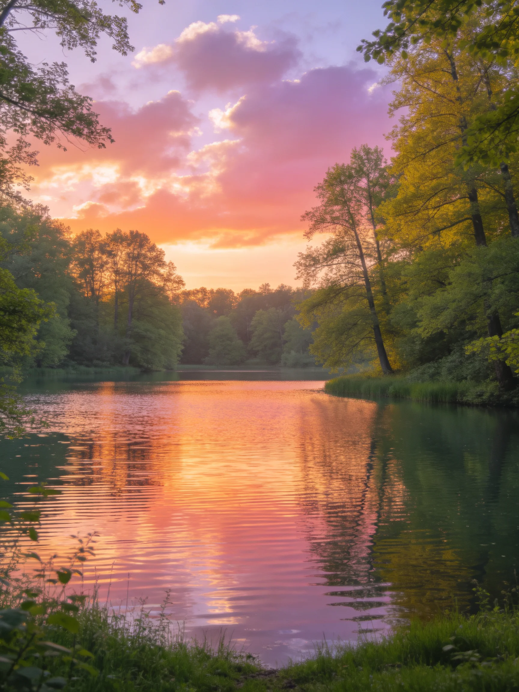 Sunset hues reflect on a tranquil river amid dense foliage