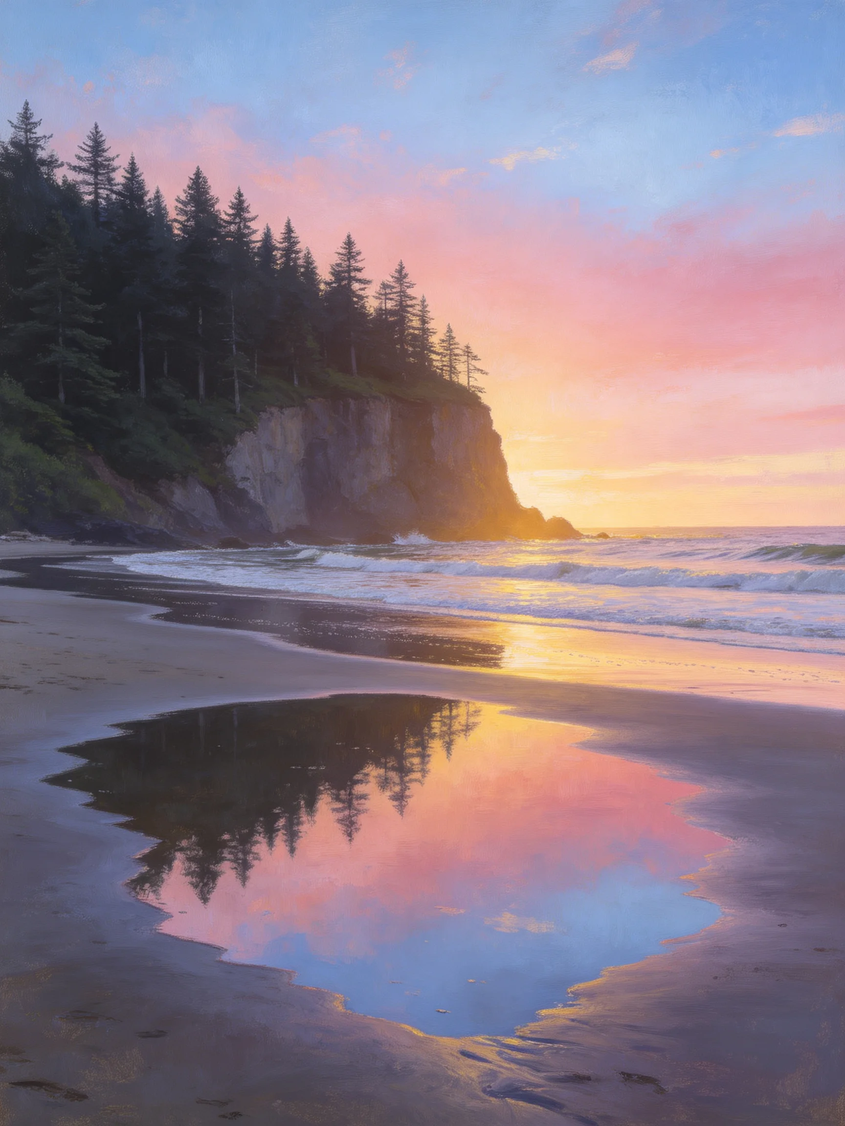 Sunset illuminates cliffside forest reflected in beach tide pool