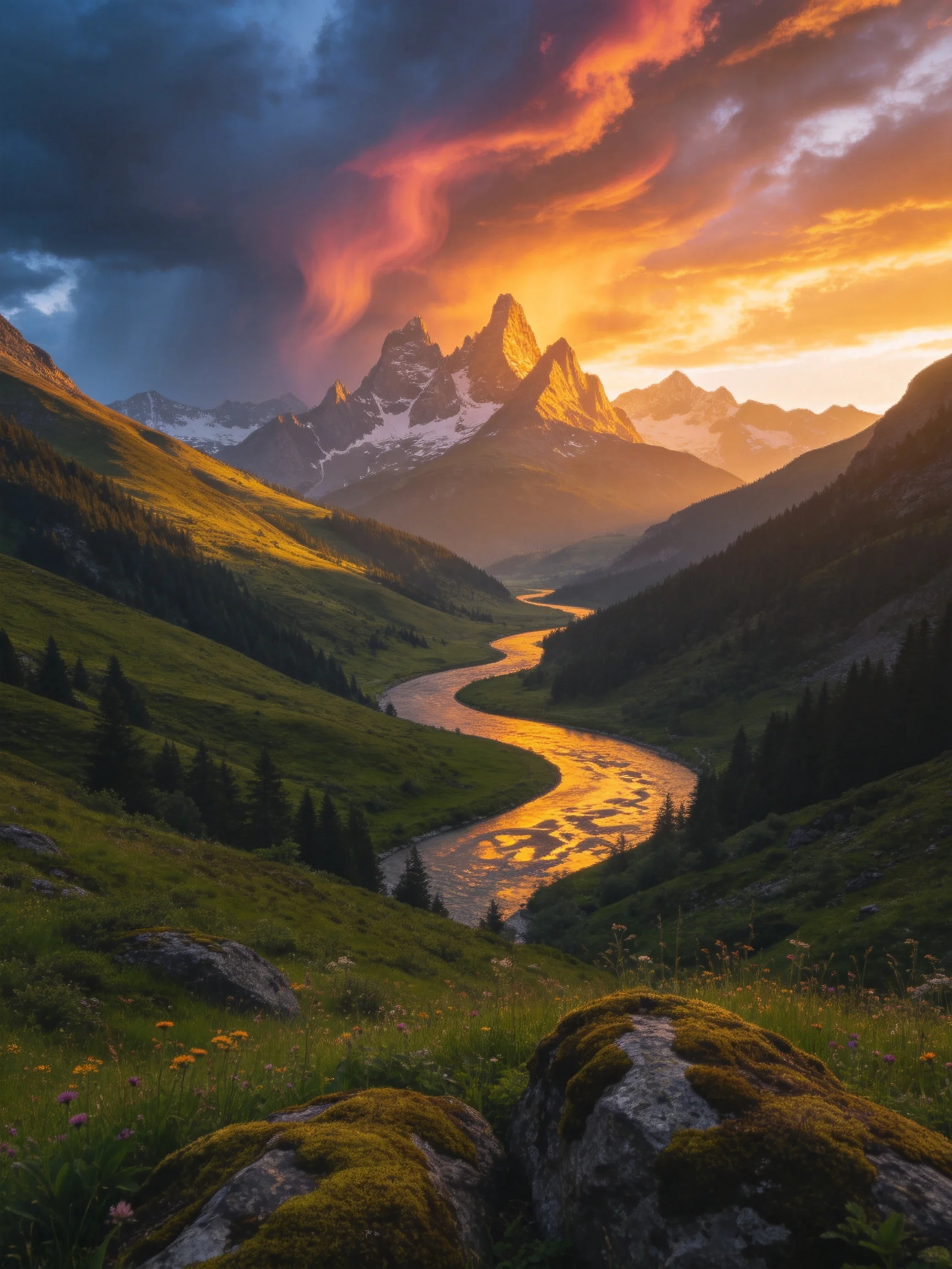 Sunset illuminates jagged snow-capped peaks beside winding golden river