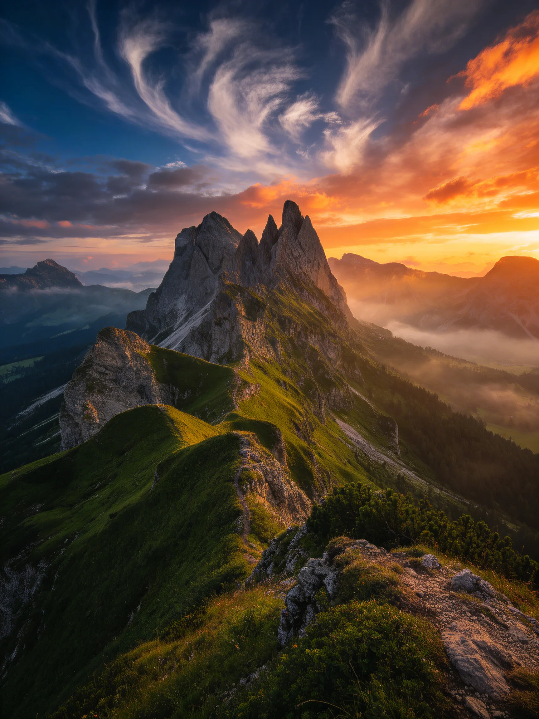 Sunset illuminates rugged mountain peak with lush green slopes