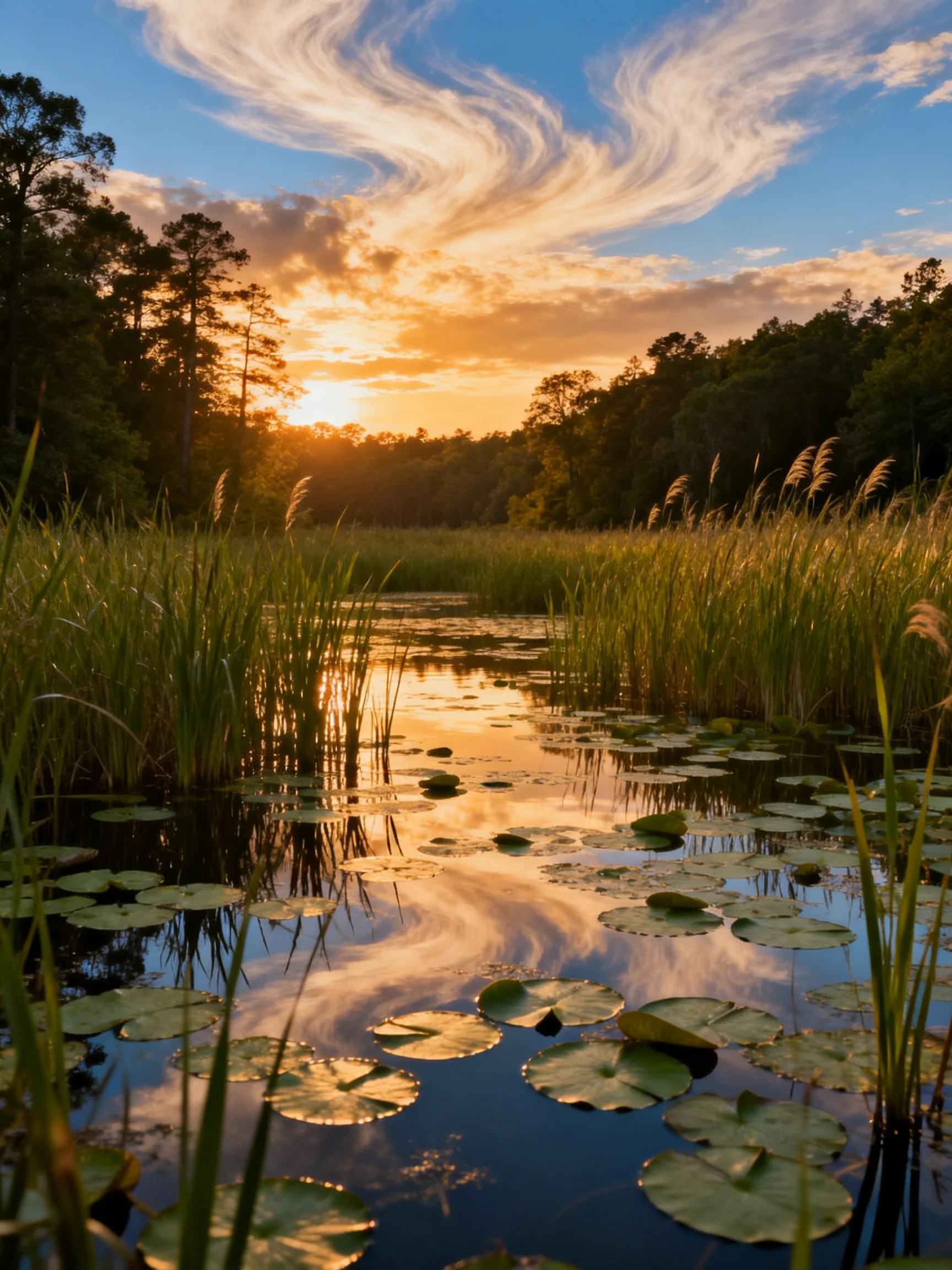 Sunset over a marsh with water lilies and tall reeds