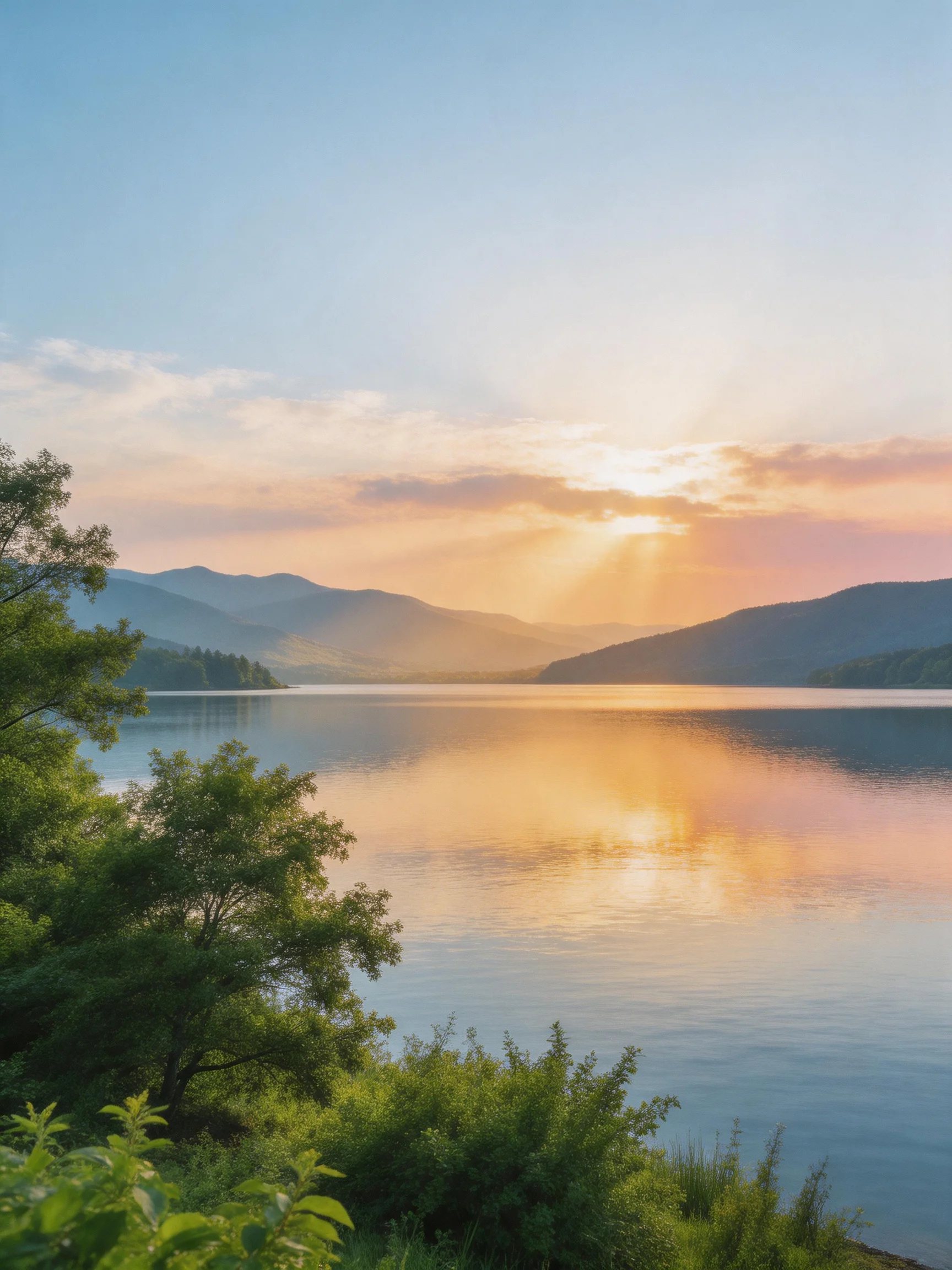 Sunset over calm lake with mountainous backdrop and lush greenery