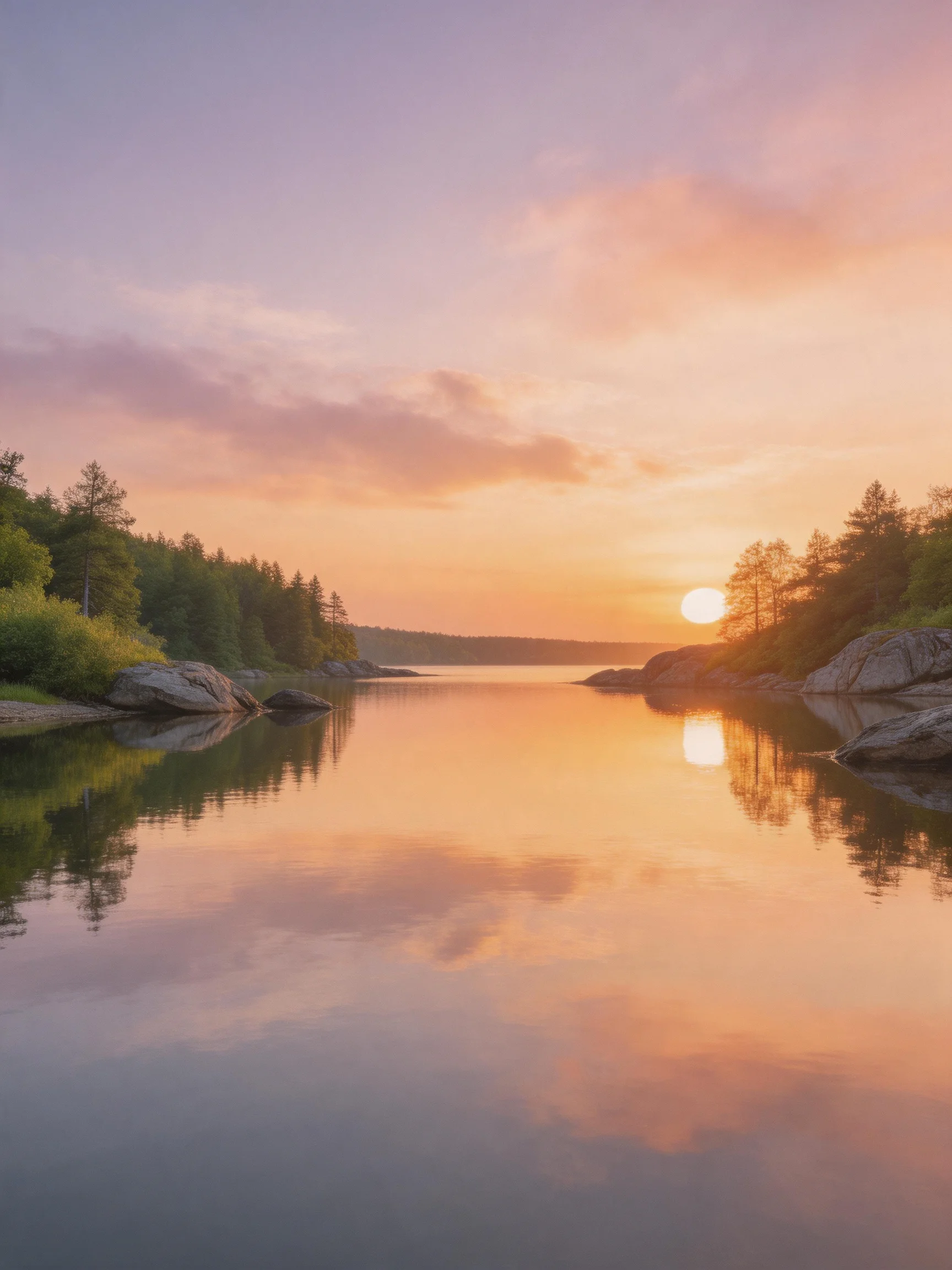 Sunset over calm waters between forested rocky shores