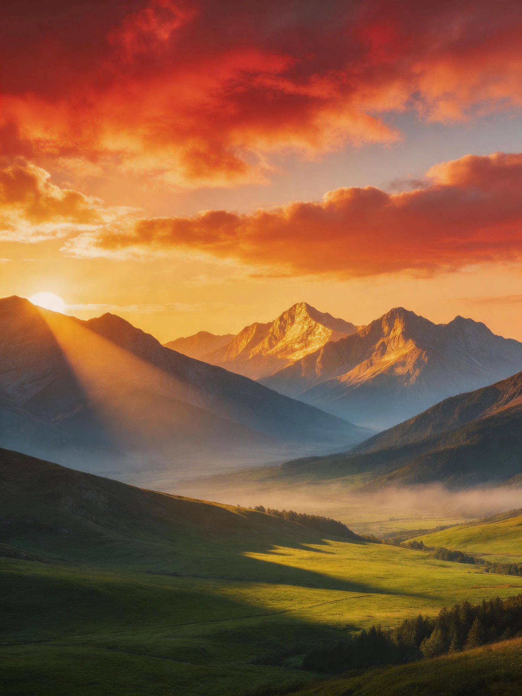 Sunset over majestic mountain ranges with golden-hued clouds