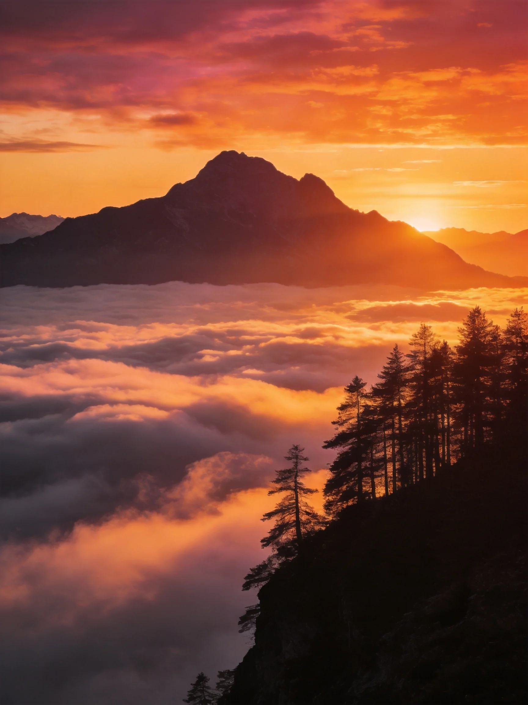 Sunset over mountain peaks with sea of clouds and silhouetted trees