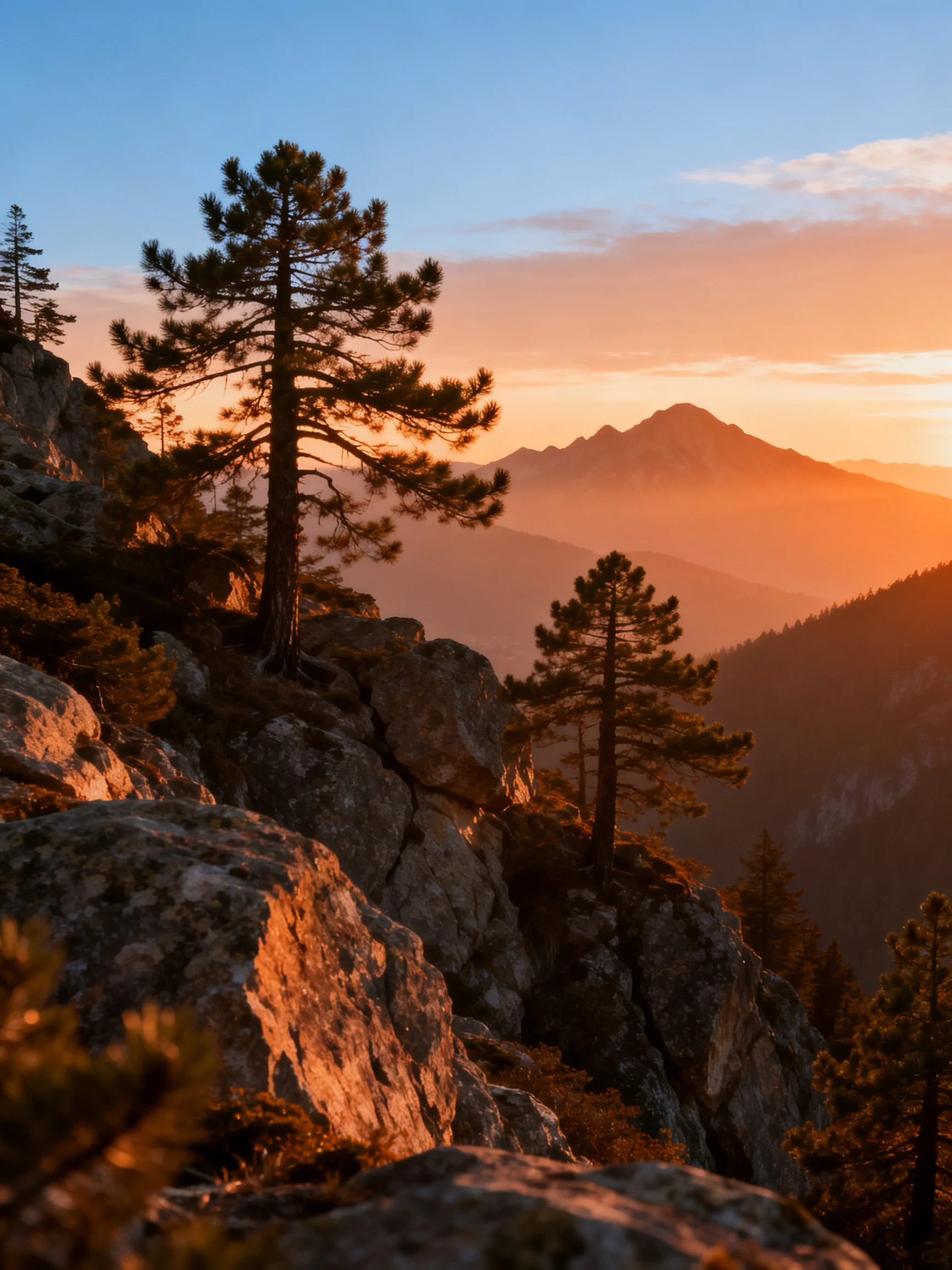 Sunset over rocky cliffs with tall pine trees and distant mountains
