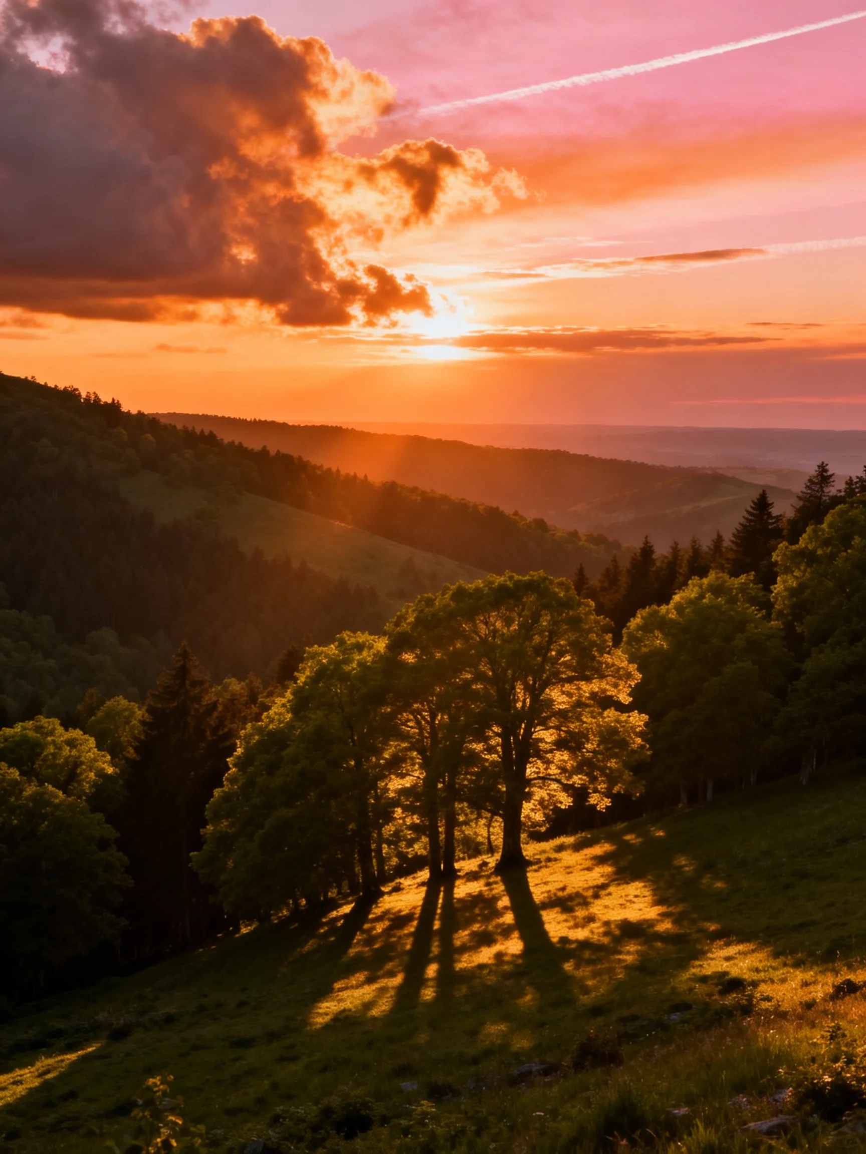 Sunset over rolling hills with golden trees and vibrant sky