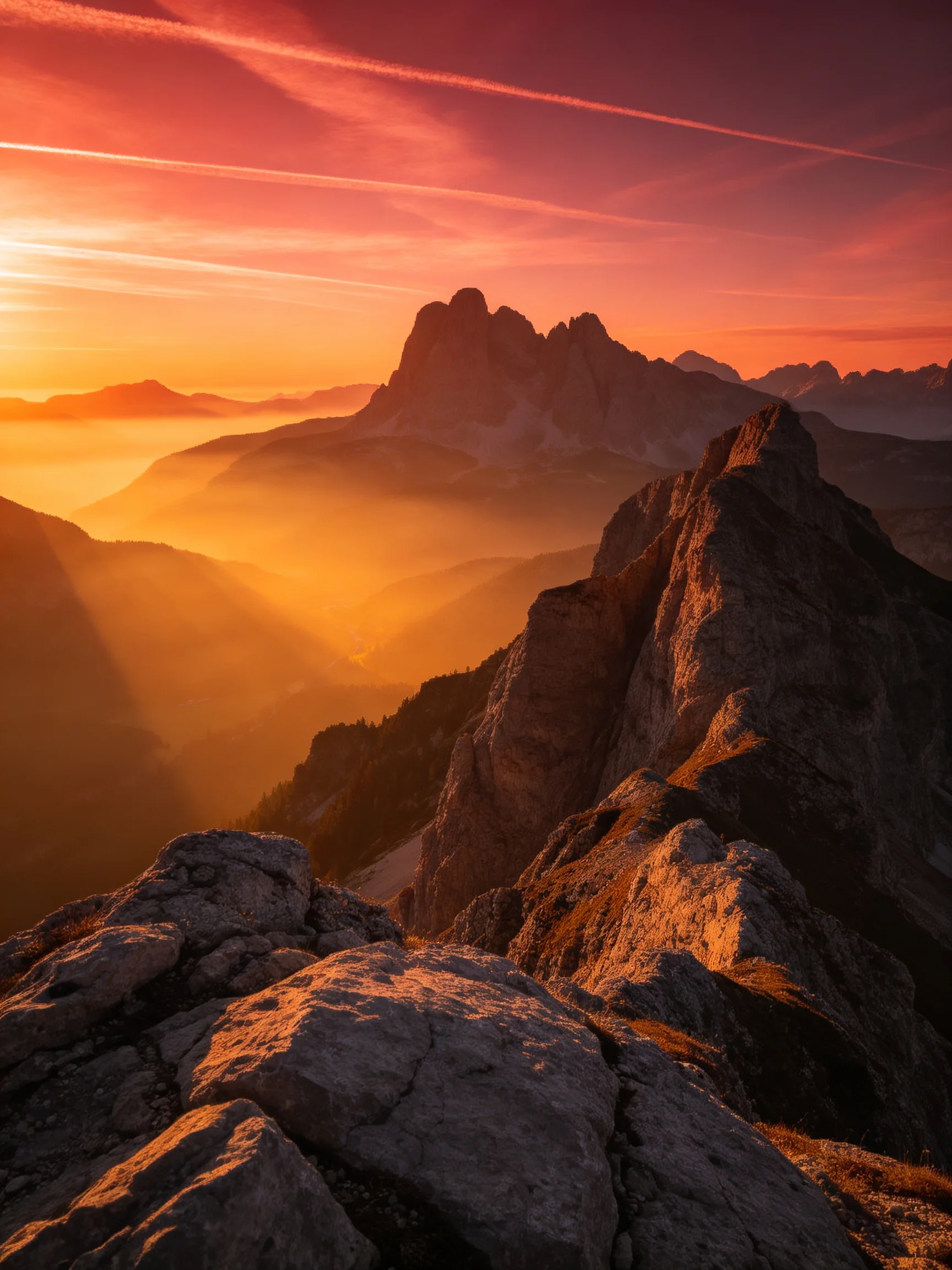 Sunset over rugged mountain peaks with golden light