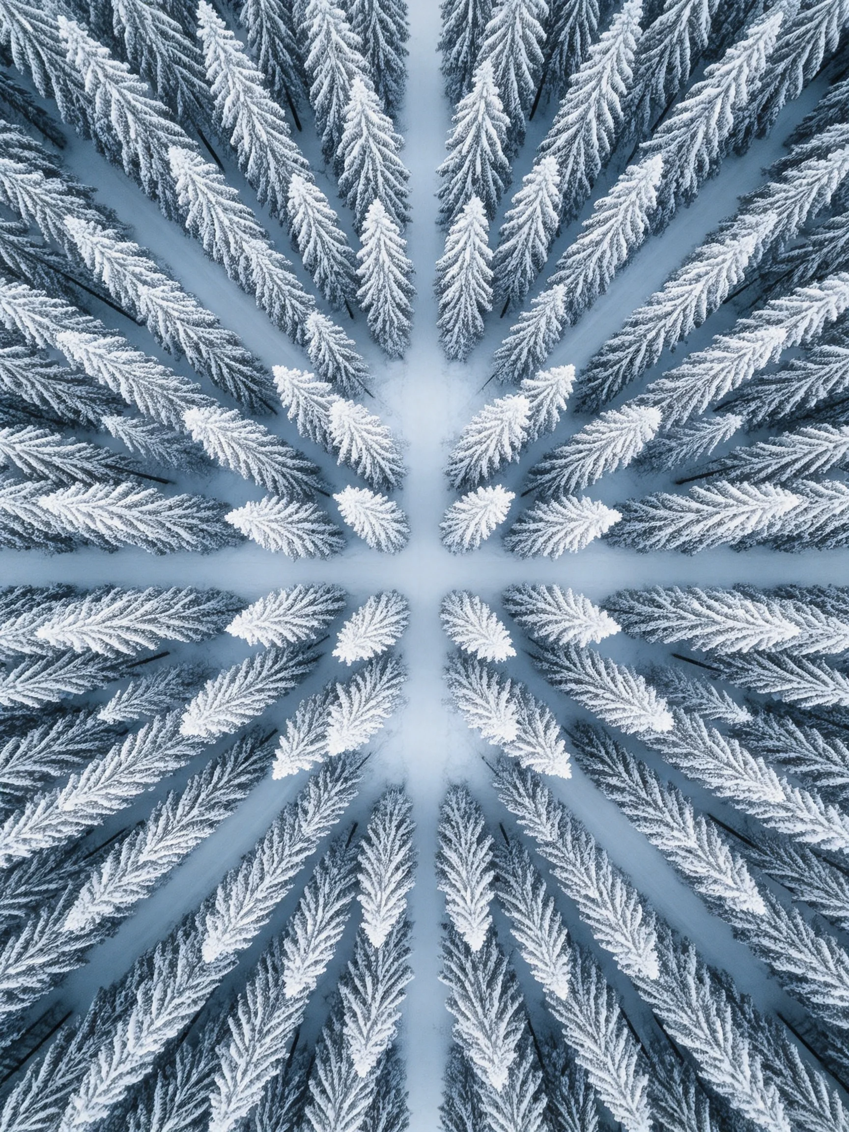 Symmetrical Snow-Covered Pine Forest with Radiating Tree Patterns