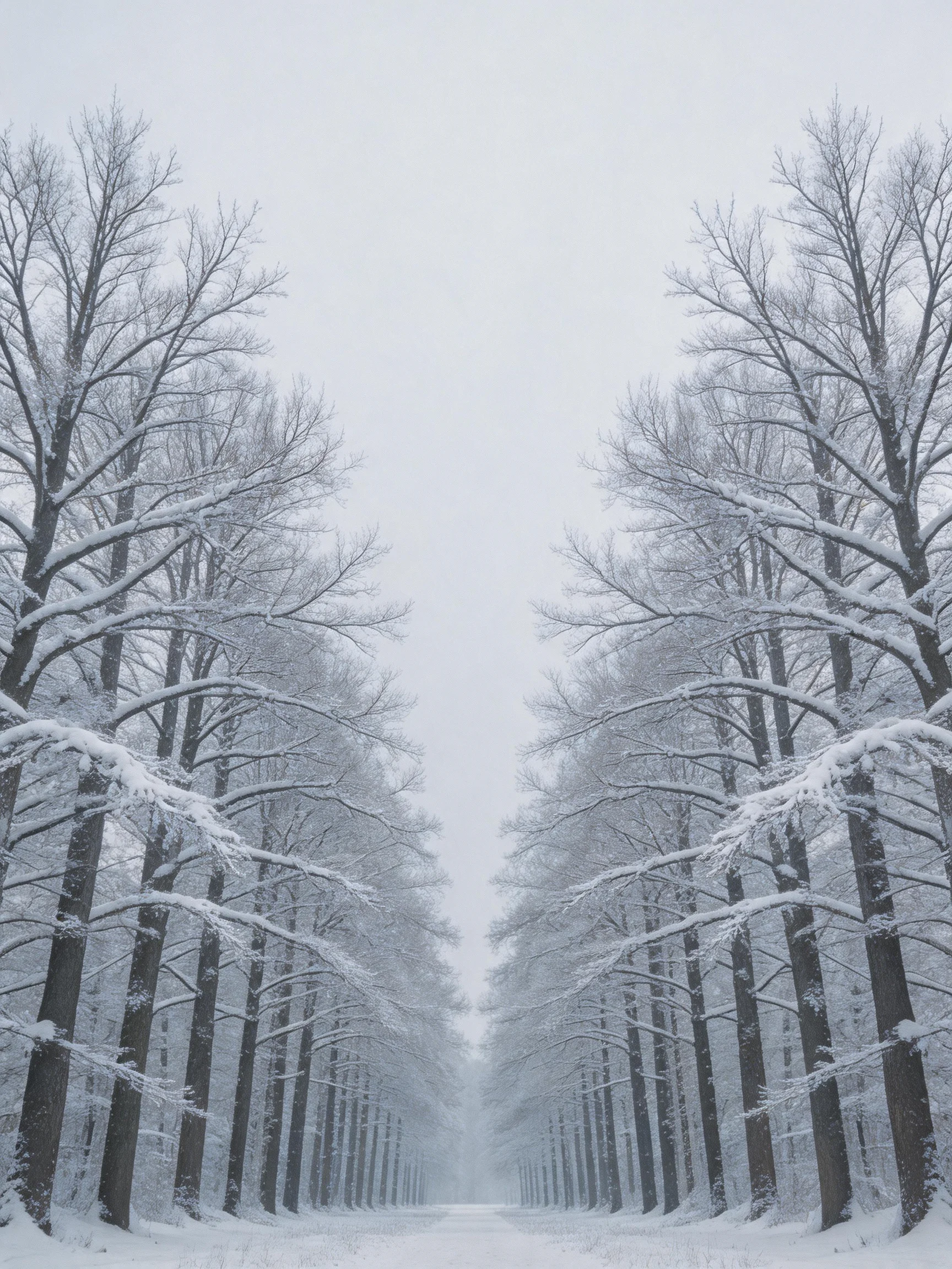 Symmetrical rows of snow-covered trees form a serene winter pathway