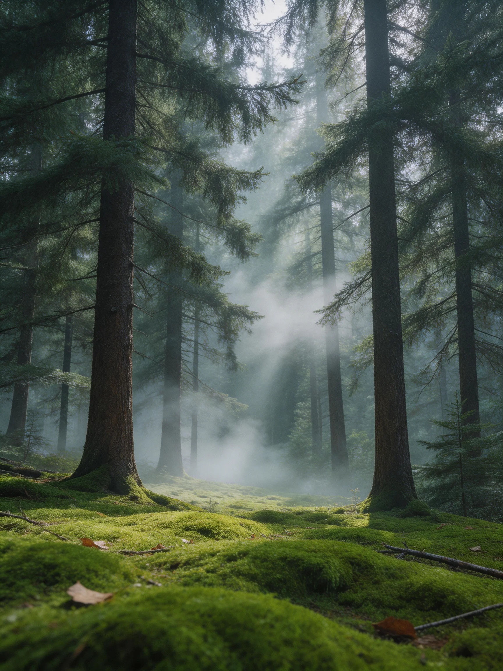Tall Evergreen Trees in a Misty Forest with Vibrant Green Moss