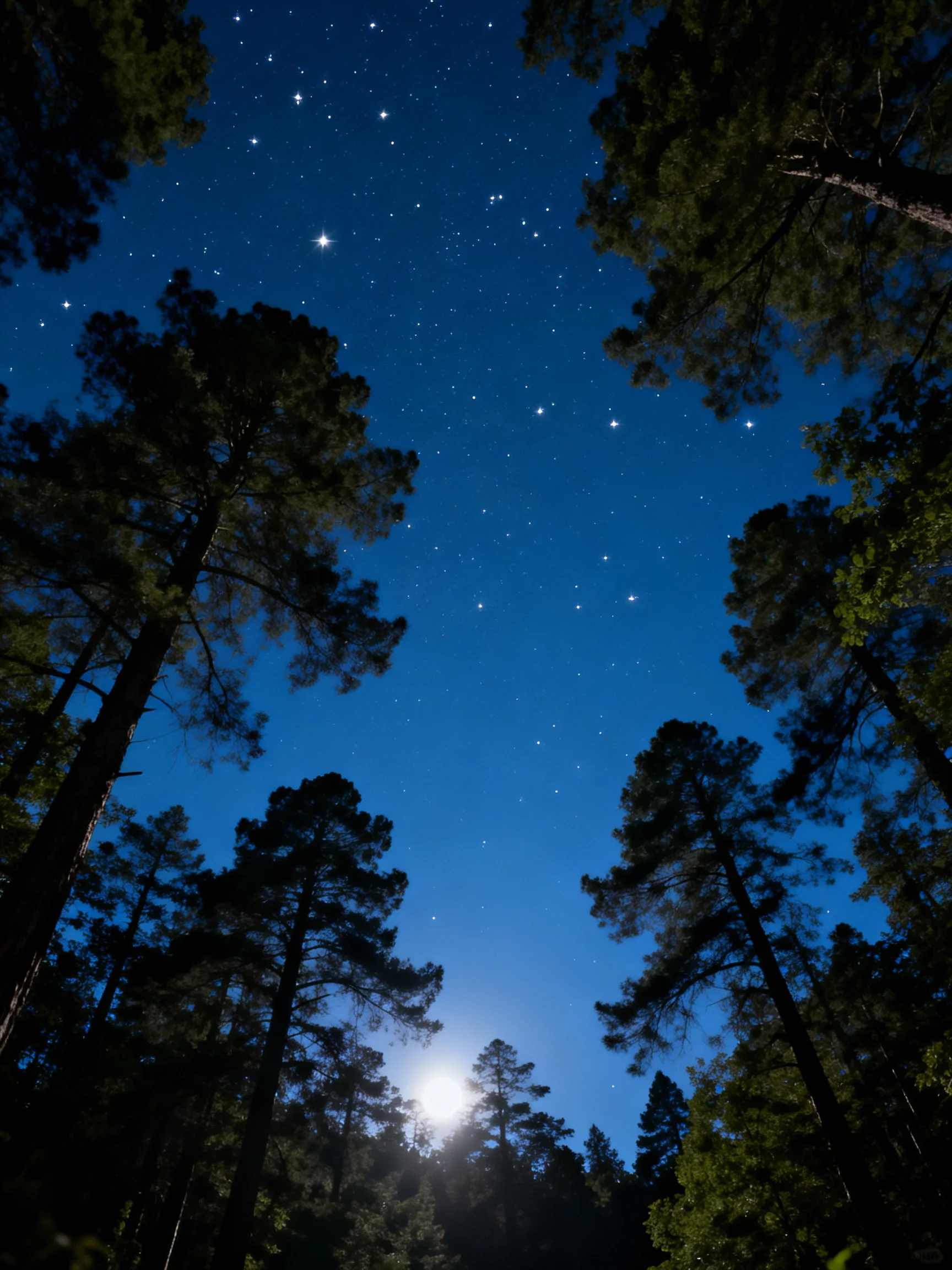 Tall Forest Trees Under a Star-Studded Deep Blue Night Sky