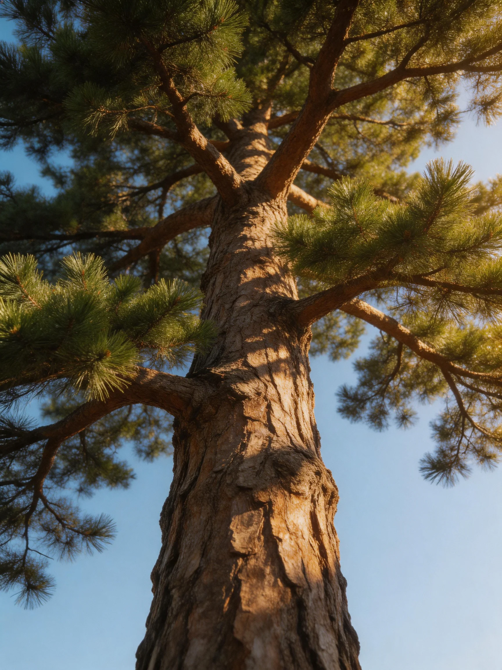 Tall Pine Tree with Textured Bark and Green Needles Against Blue Sky