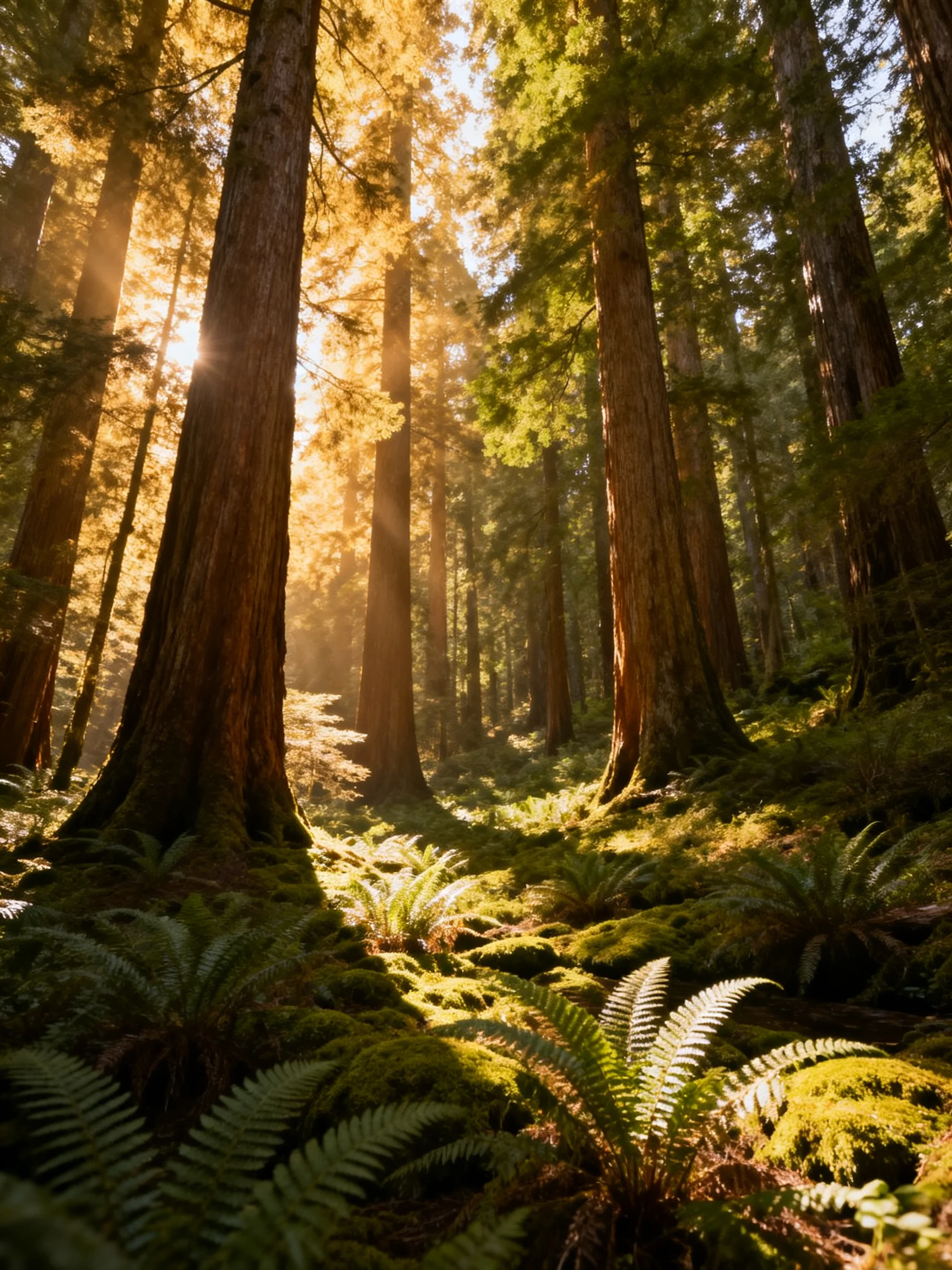 Tall ancient redwood trees bathed in golden sunlight with lush ferns