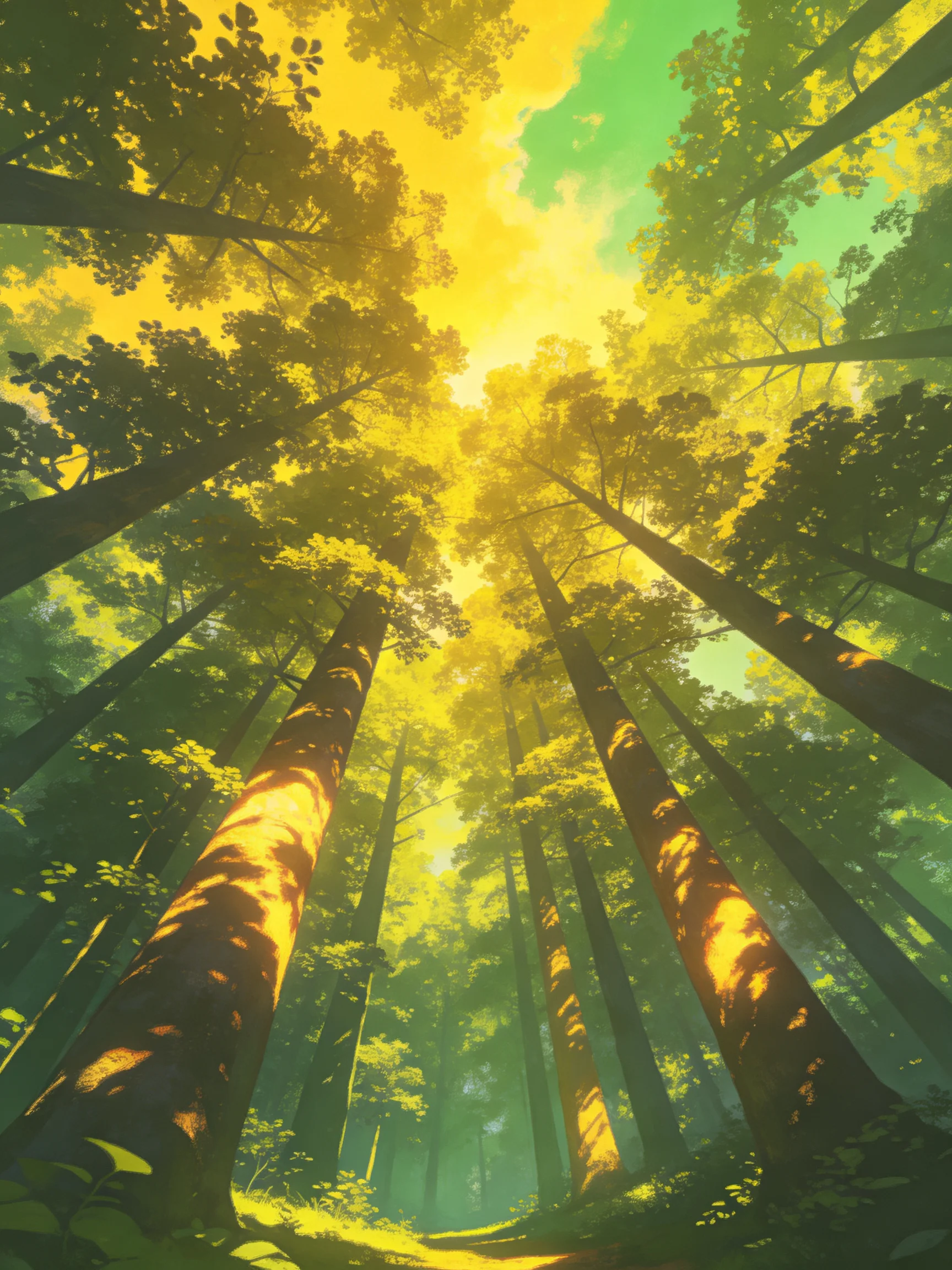 Tall ancient trees bathed in golden sunlight amidst lush green foliage
