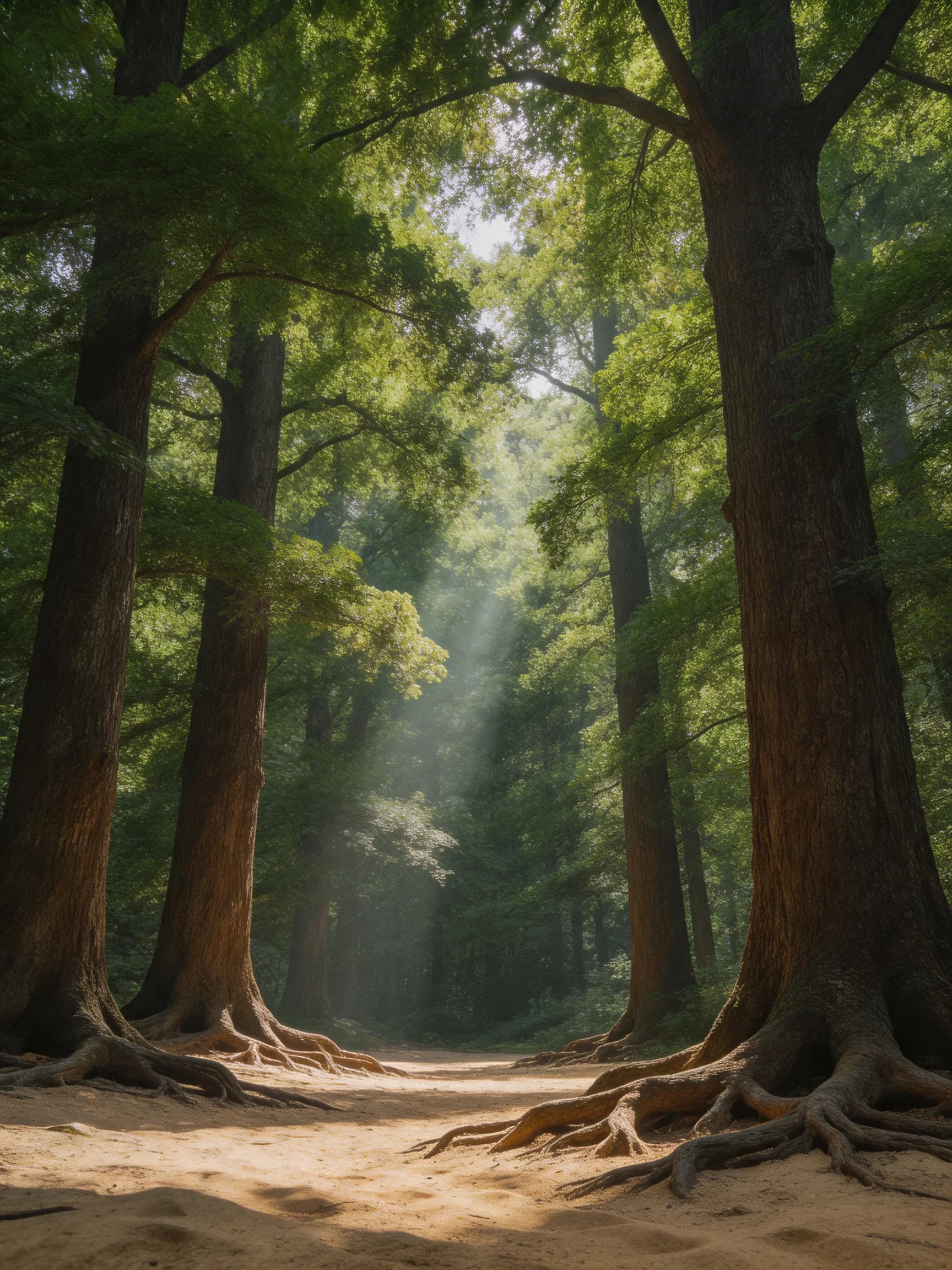 Tall ancient trees form a sunlit forest pathway with rays filtering through