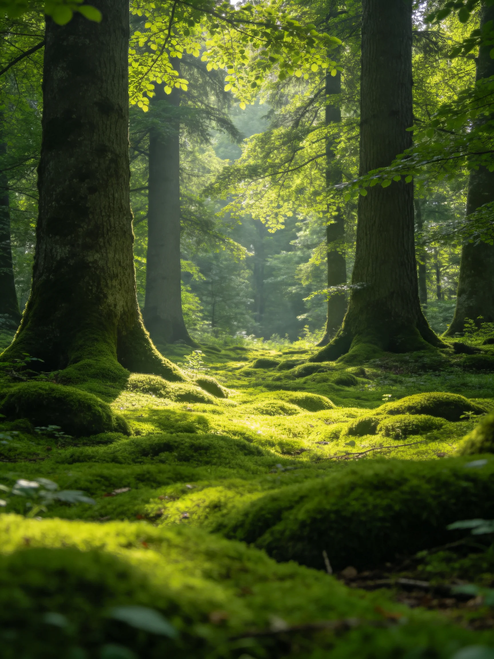 Tall ancient trees in a sun-dappled moss-covered forest glade