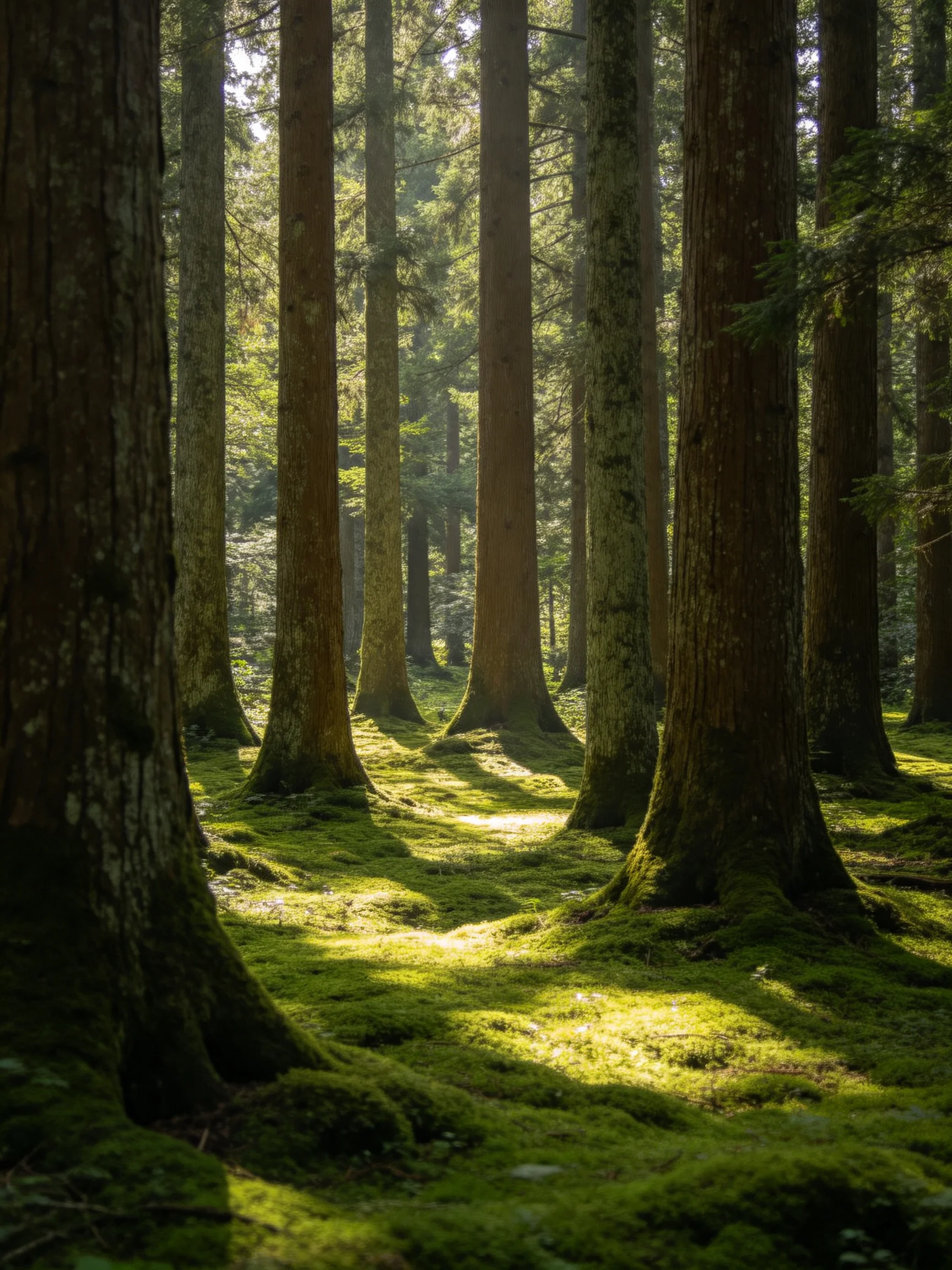 Tall ancient trees stand in a sun-dappled moss-covered forest
