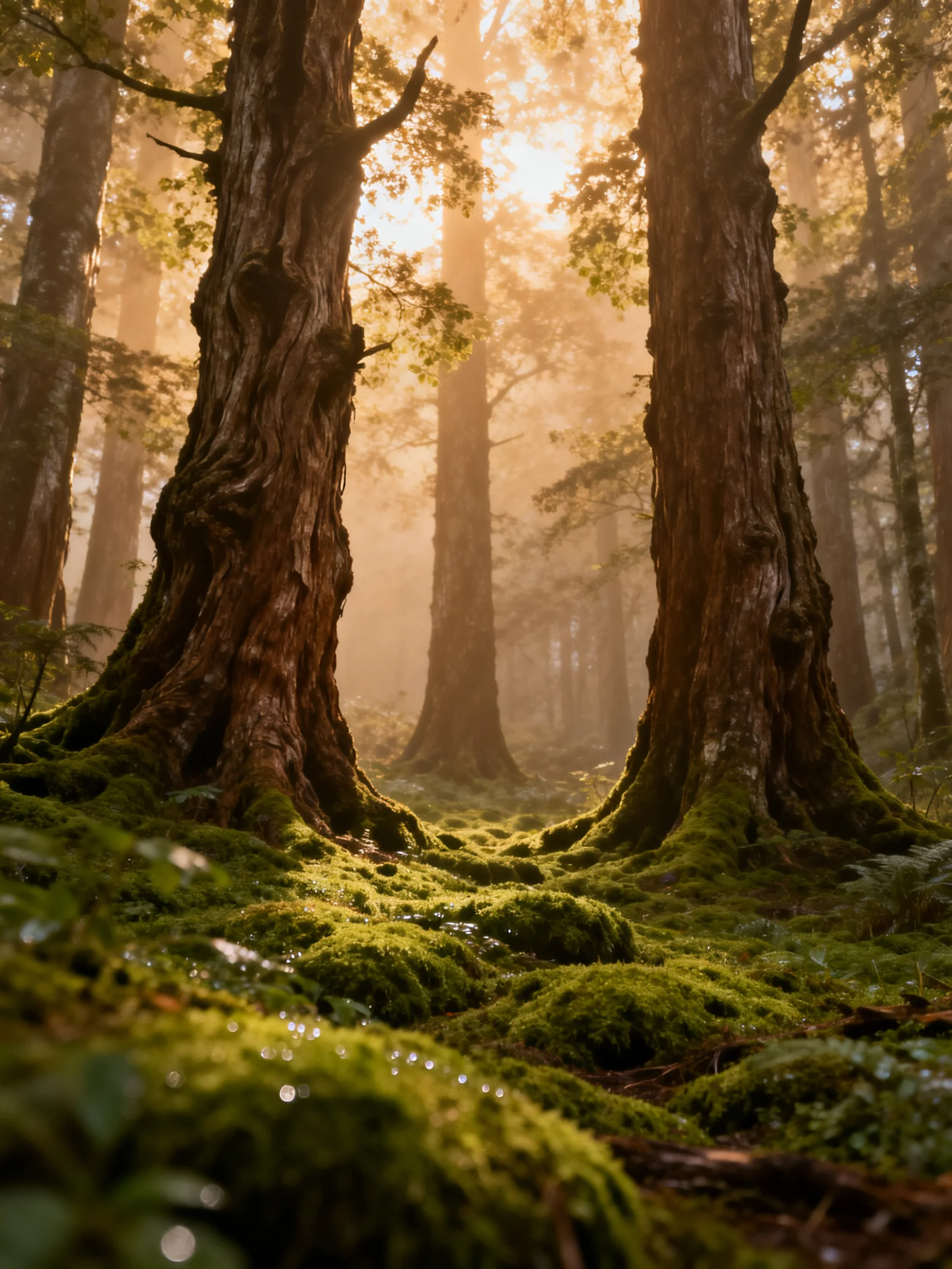 Tall ancient trees surrounded by lush green moss under golden sunlight