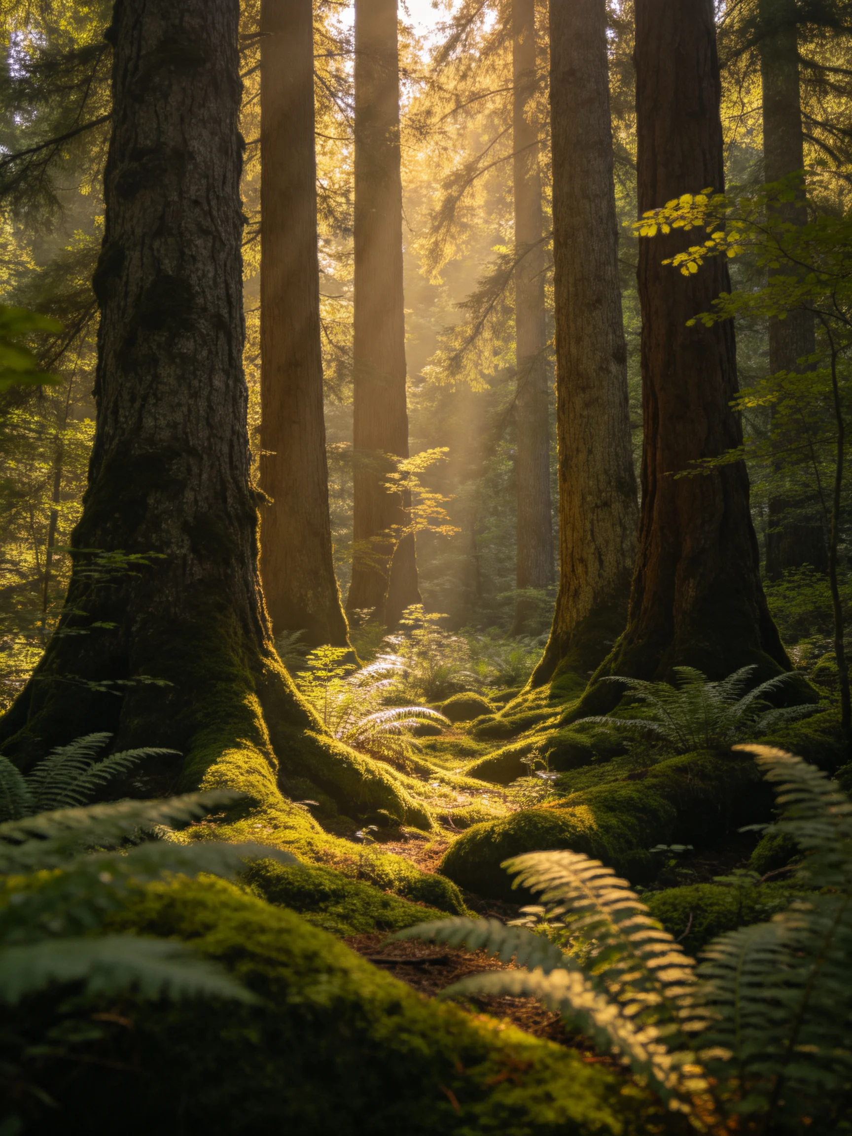Tall ancient trees with mossy bases in sunlit forest