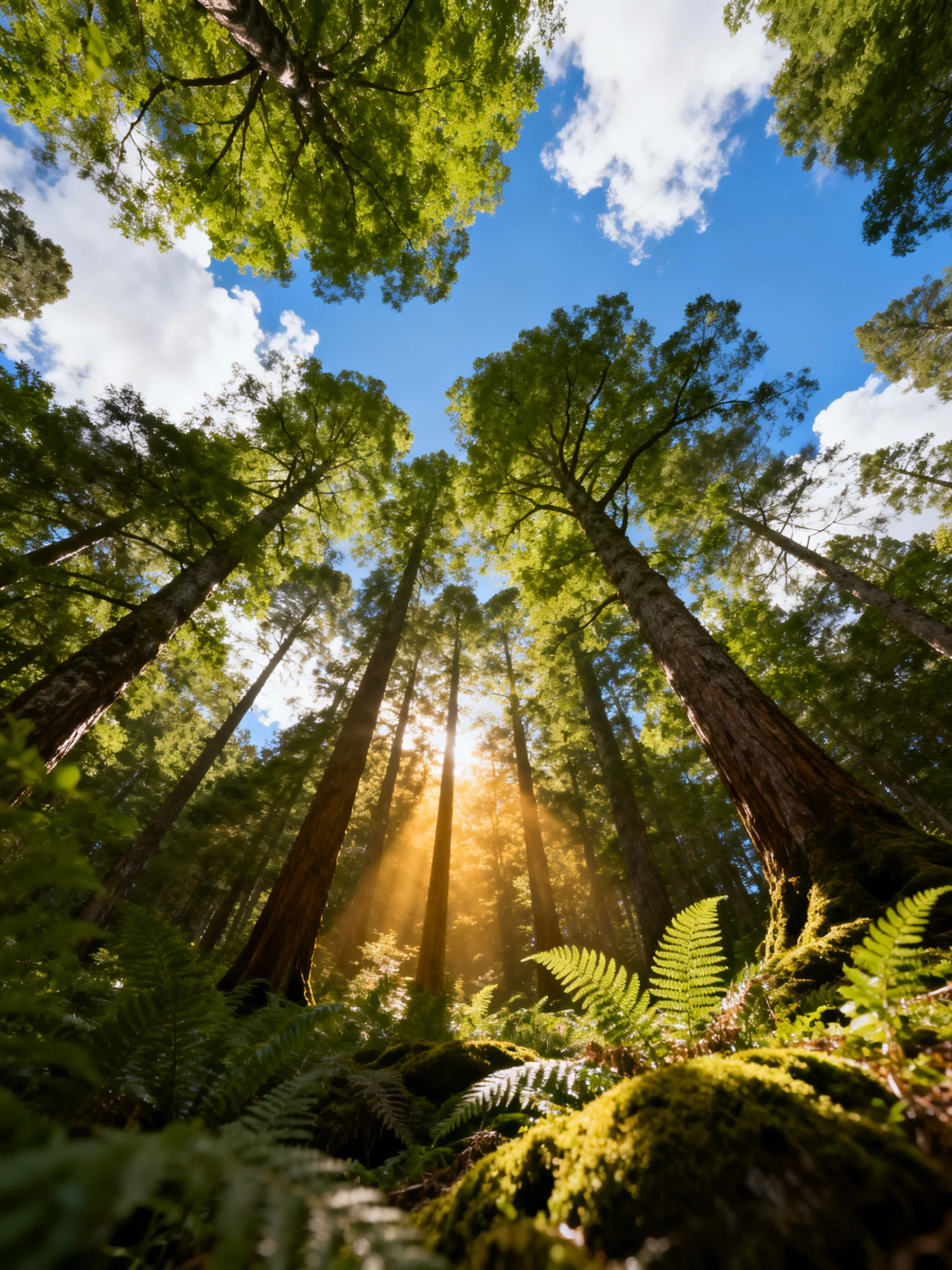 Tall ancient trees with sunlight streaming through lush green ferns