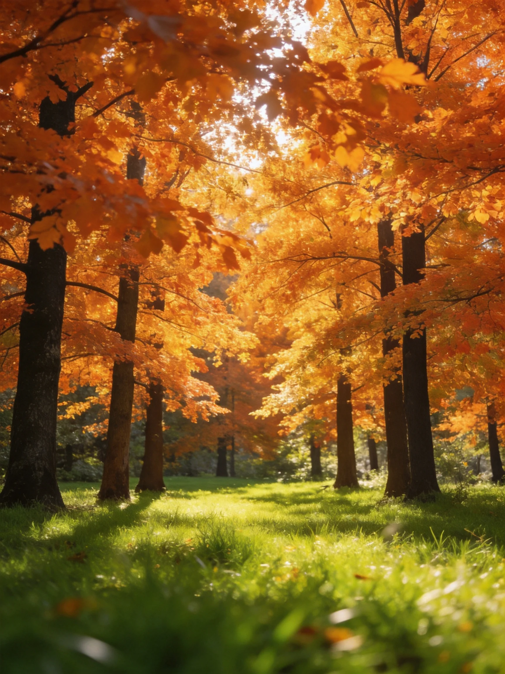 Tall autumn trees with vibrant orange leaves and lush green grass under sunlight