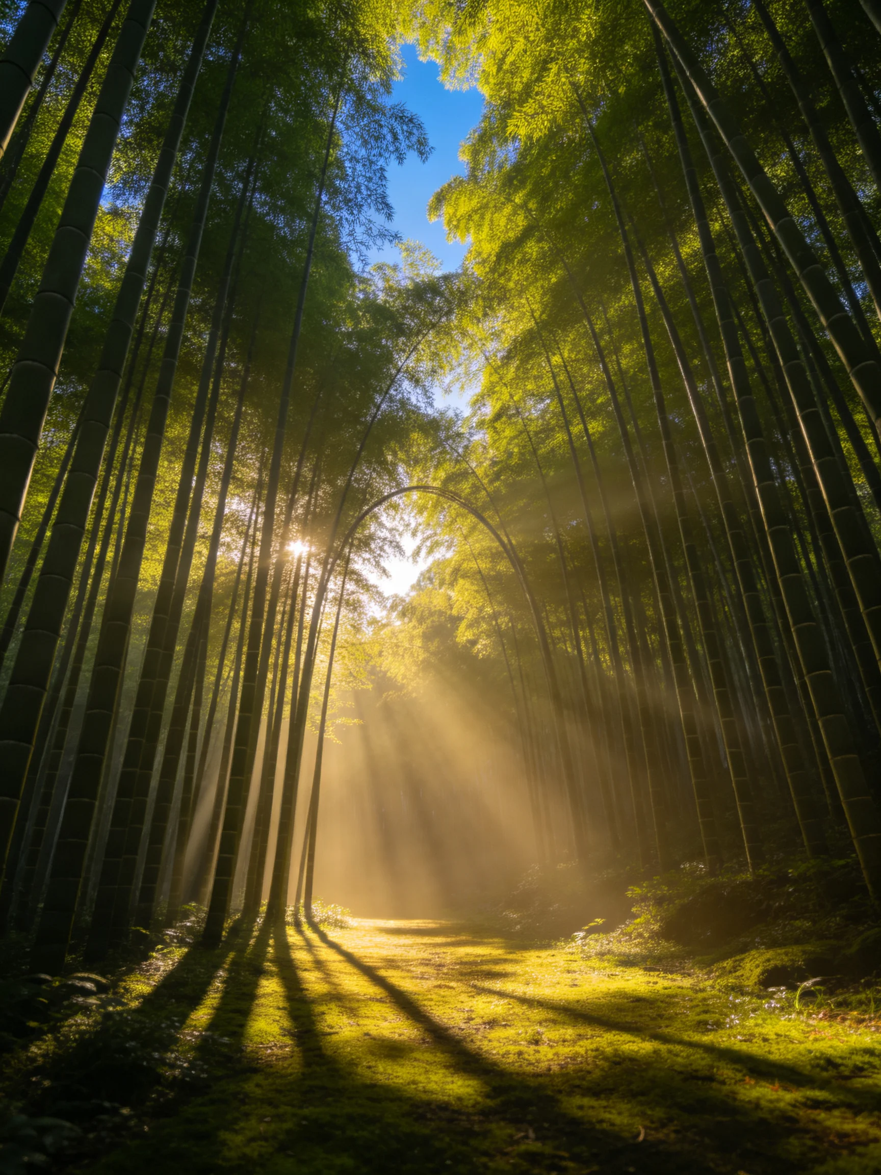 Tall bamboo forest with golden sunlight streaming through