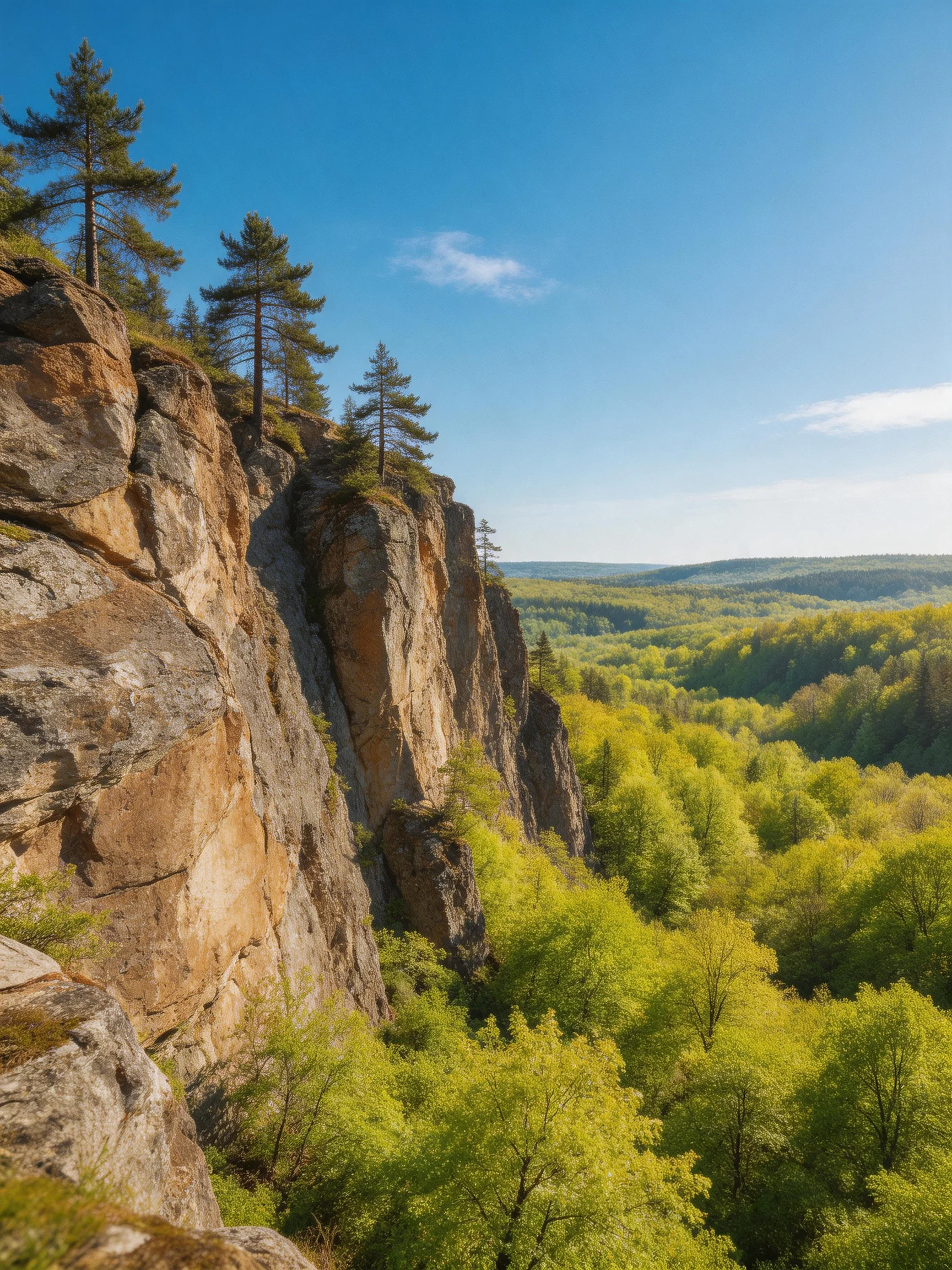 Tall brown rock cliffs beside lush green forests under bright blue sky