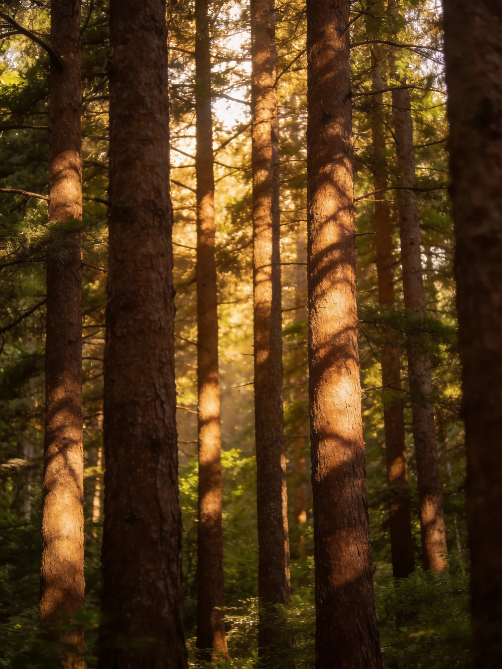 Tall brown tree trunks with golden sunlight filtering through dense green foliage