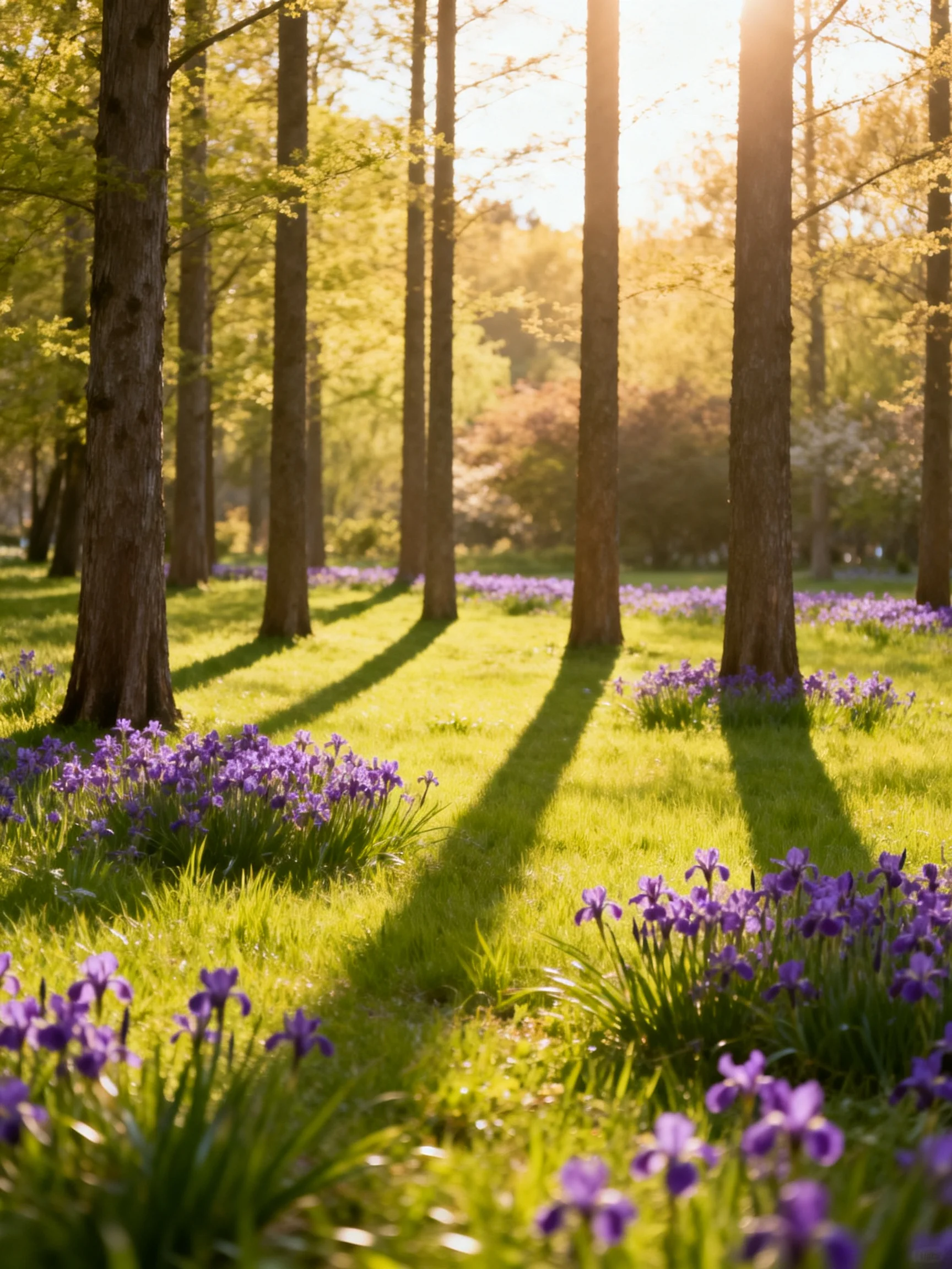 Tall brown trees stand among vibrant purple flowers and lush green grass under golden sunlight.