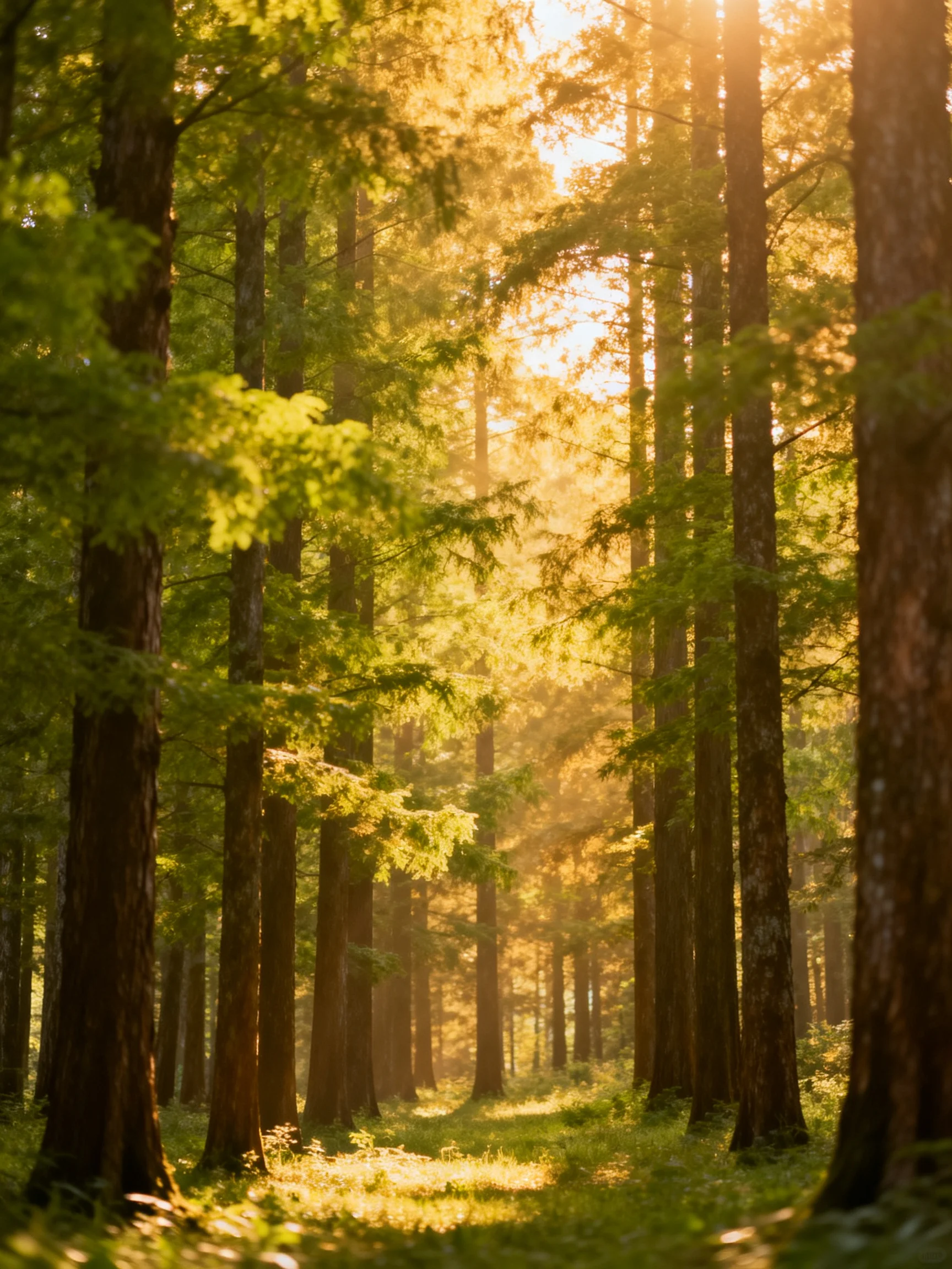 Tall brown-trunked trees and lush green foliage bathed in golden sunlight