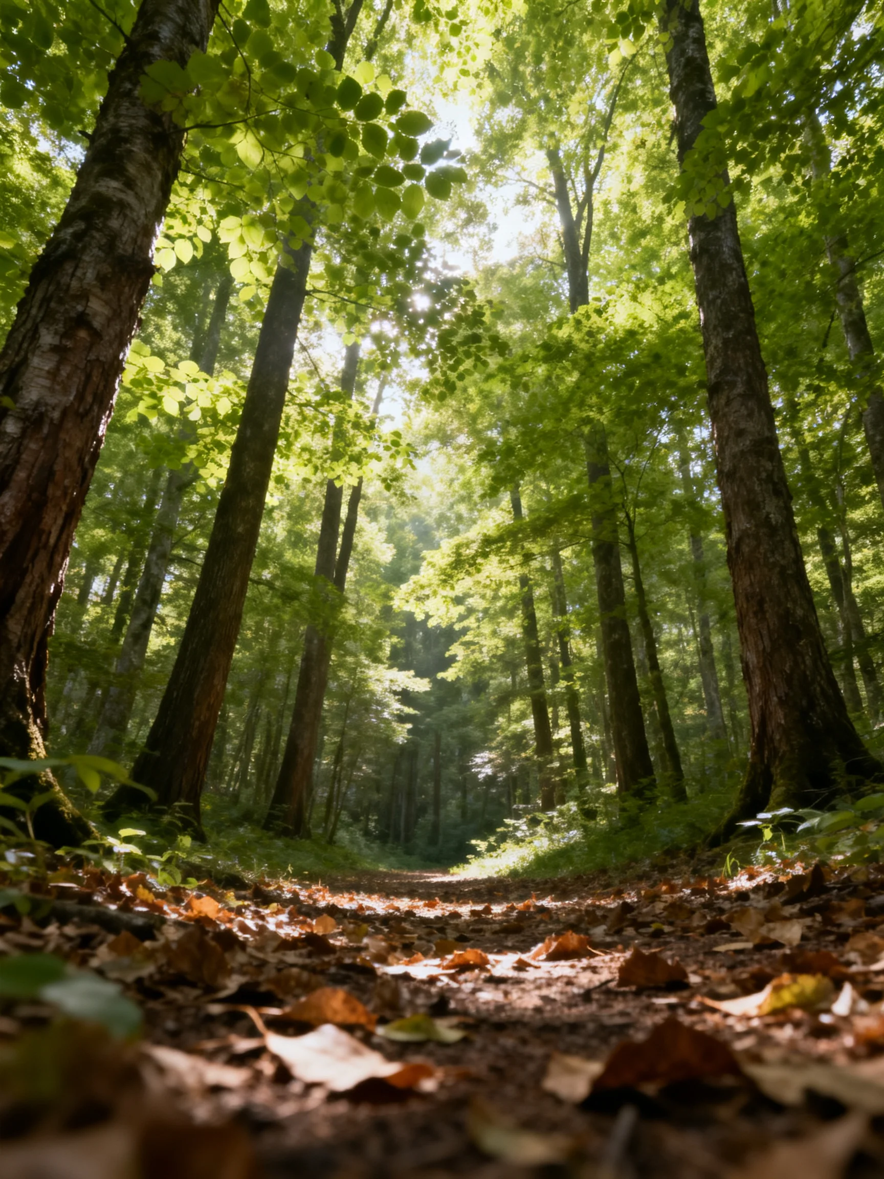 Tall brown-trunked trees fill a sun-dappled green forest path