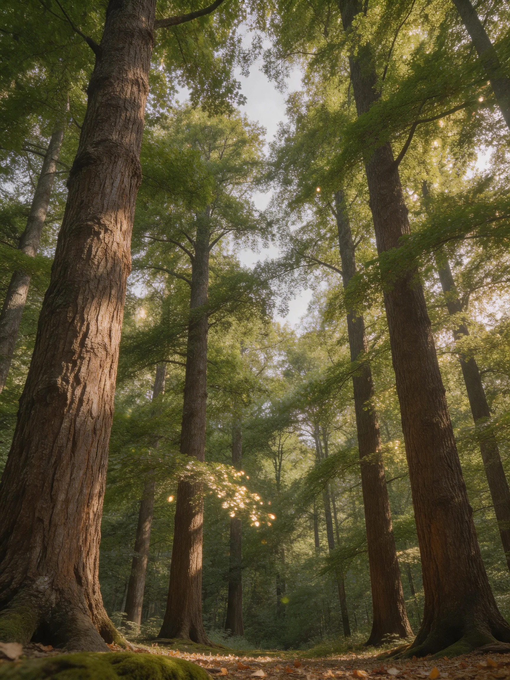 Tall brown-trunked trees fill a sun-dappled green forest