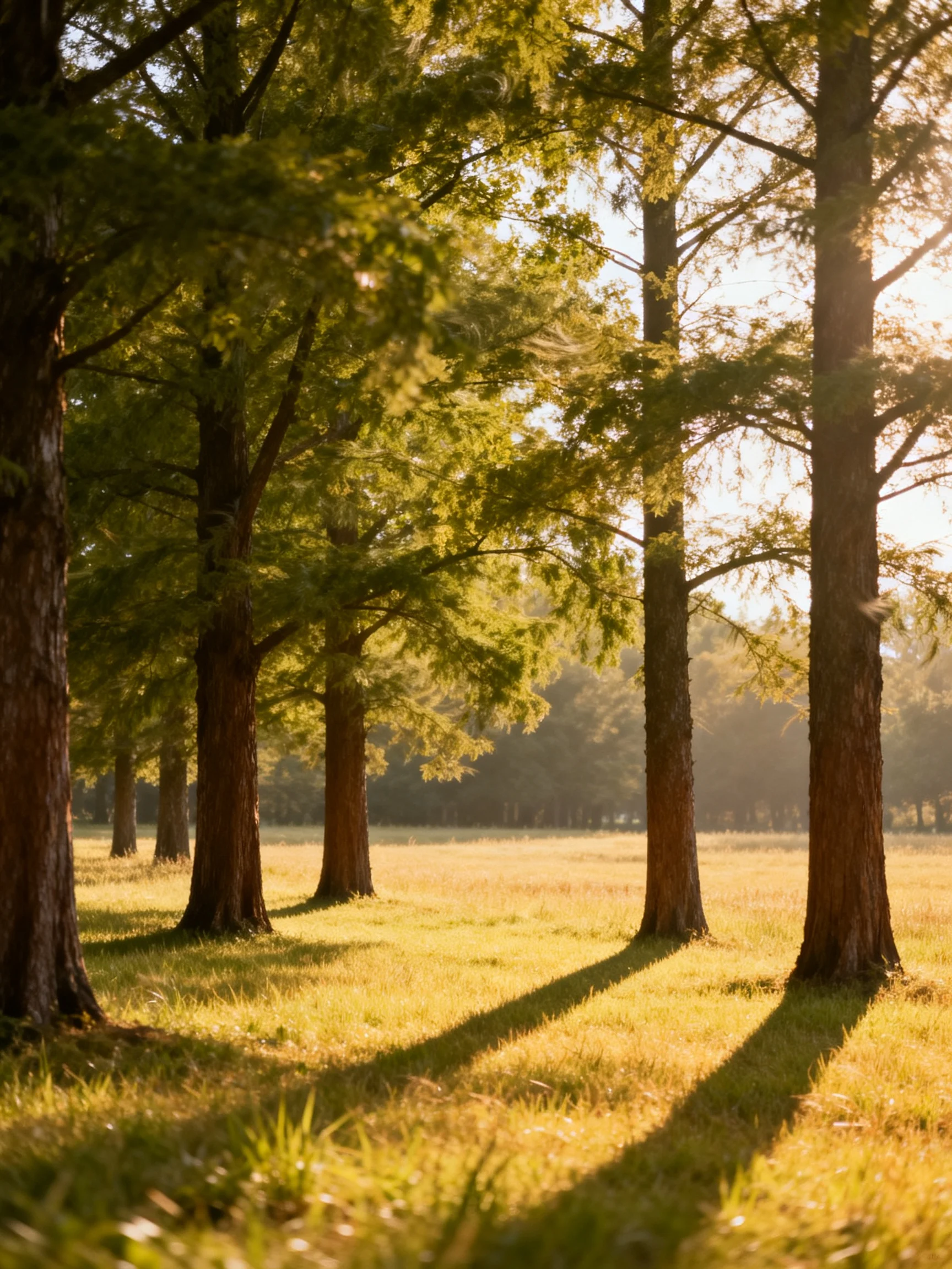 Tall brown-trunked trees form a row in a sunlit open meadow