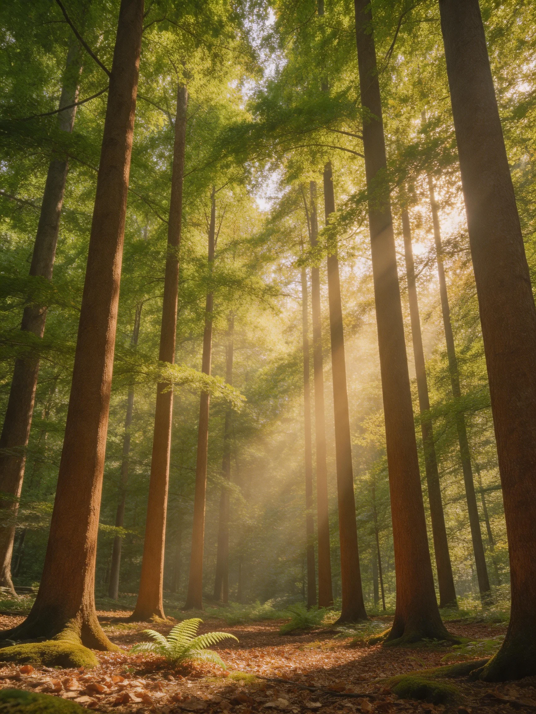 Tall brown-trunked trees in sun-dappled green forest with ferns